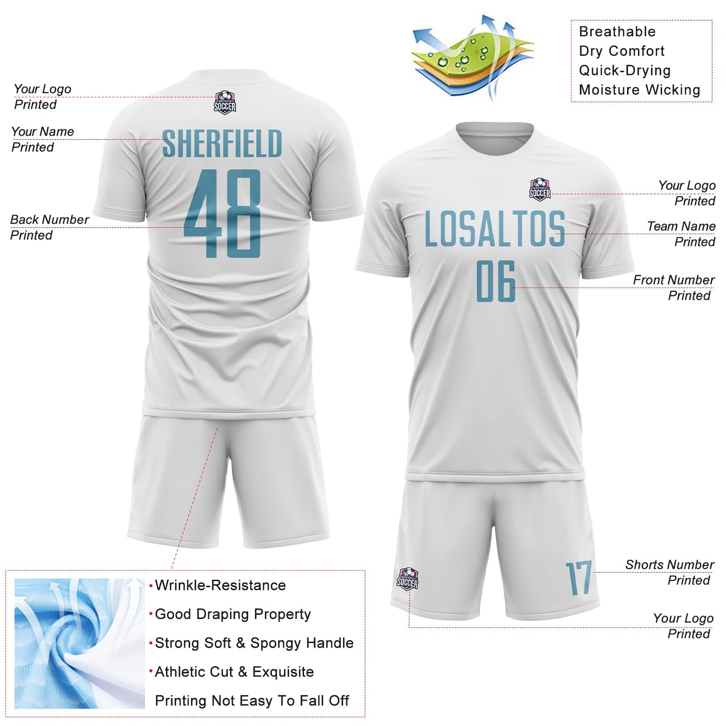 Custom White Shadow Blue Sublimation Soccer Uniform Jersey - Sky-Custom