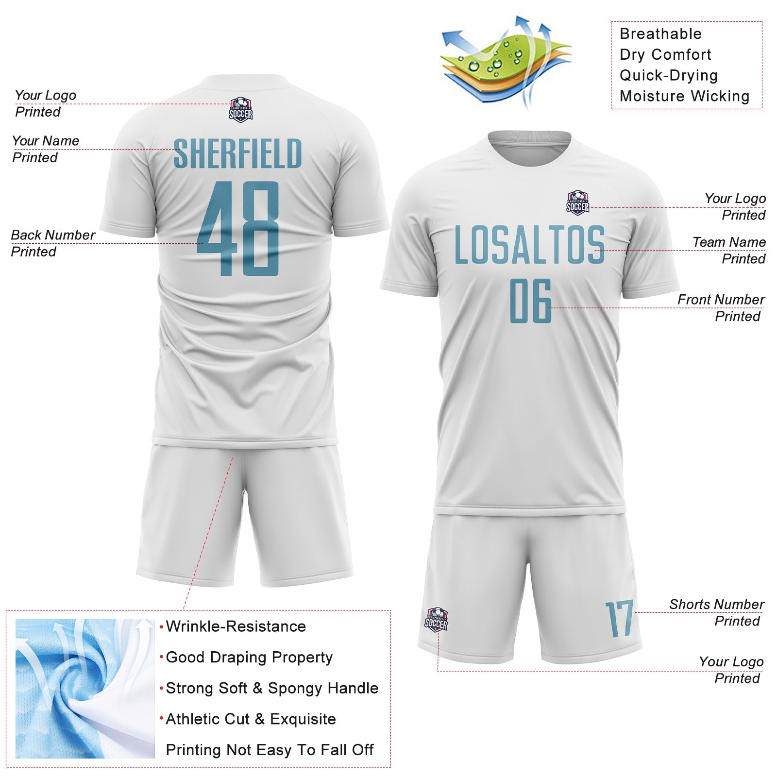 Custom White Shadow Blue Sublimation Soccer Uniform Jersey - Sky-Custom
