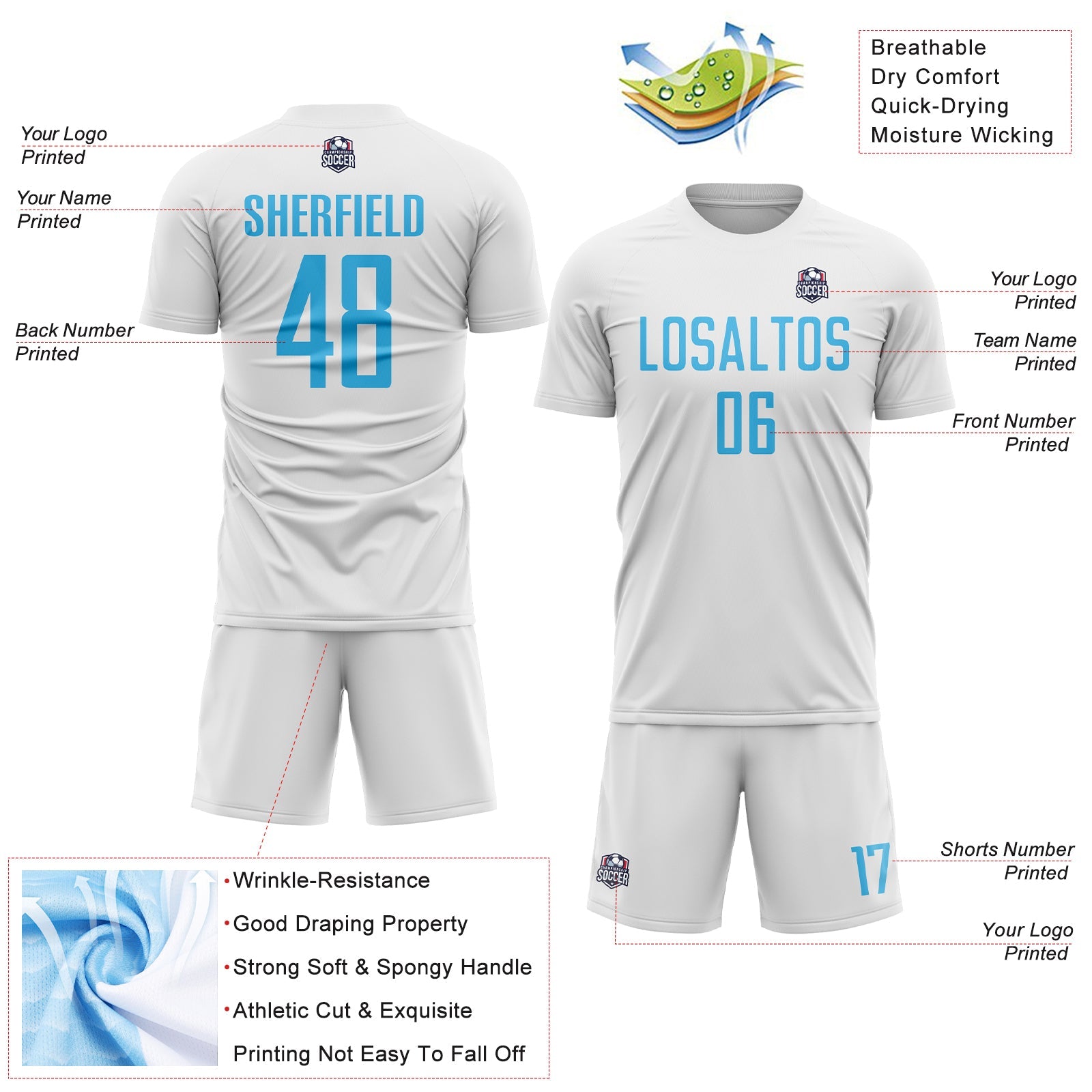 Custom White Sky Blue Sublimation Soccer Uniform Jersey - Sky-Custom