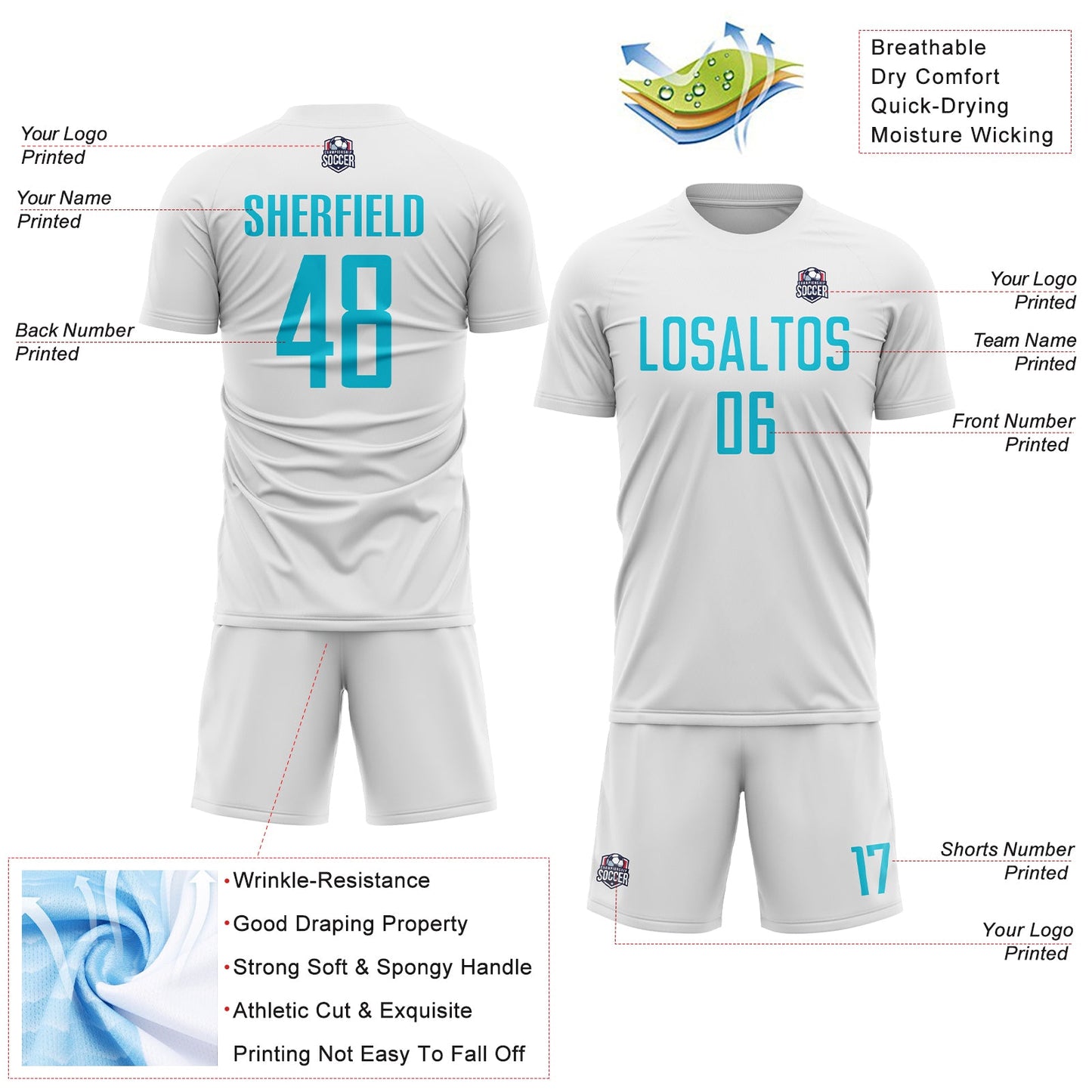 Custom White Lakes Blue Sublimation Soccer Uniform Jersey - Sky-Custom