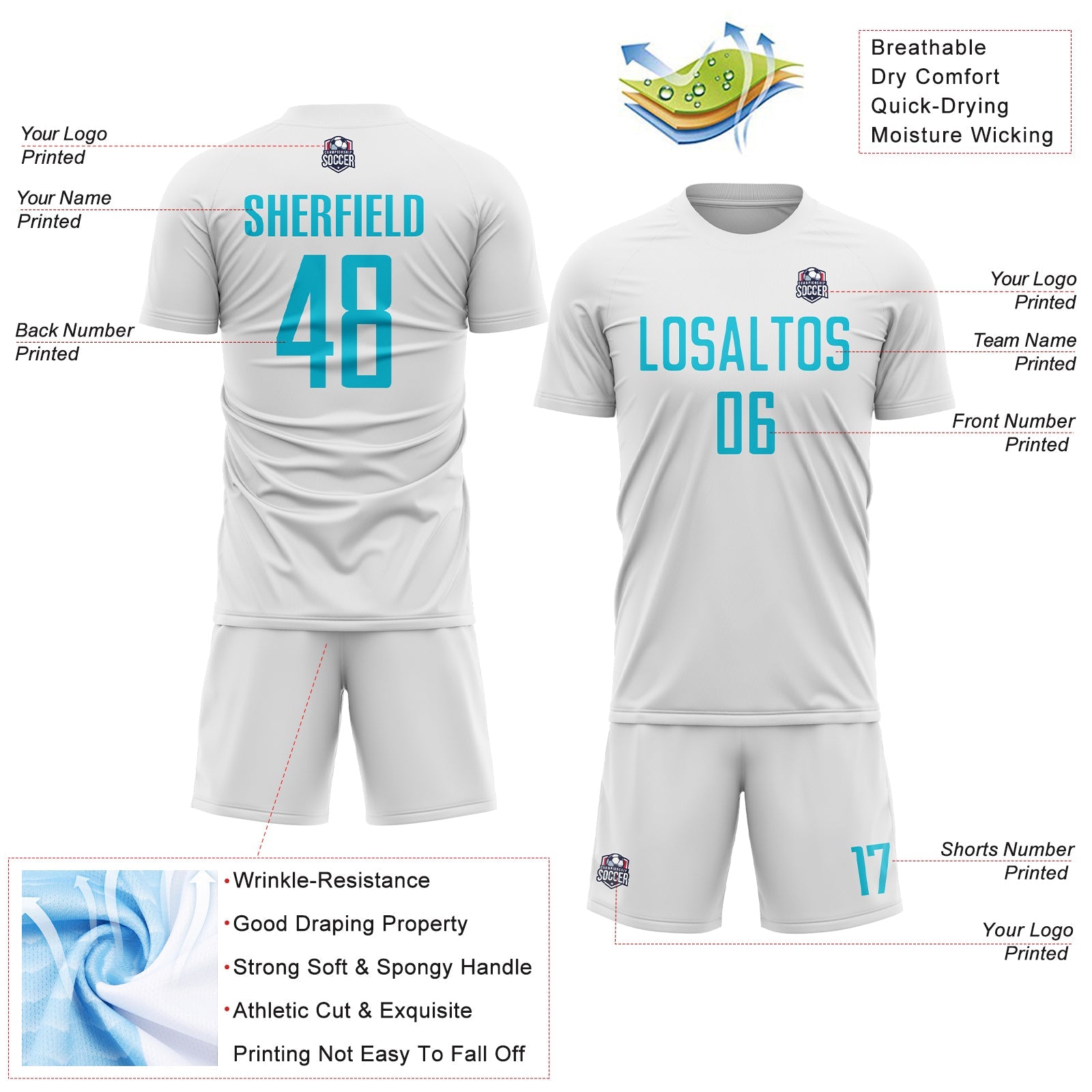 Custom White Lakes Blue Sublimation Soccer Uniform Jersey - Sky-Custom
