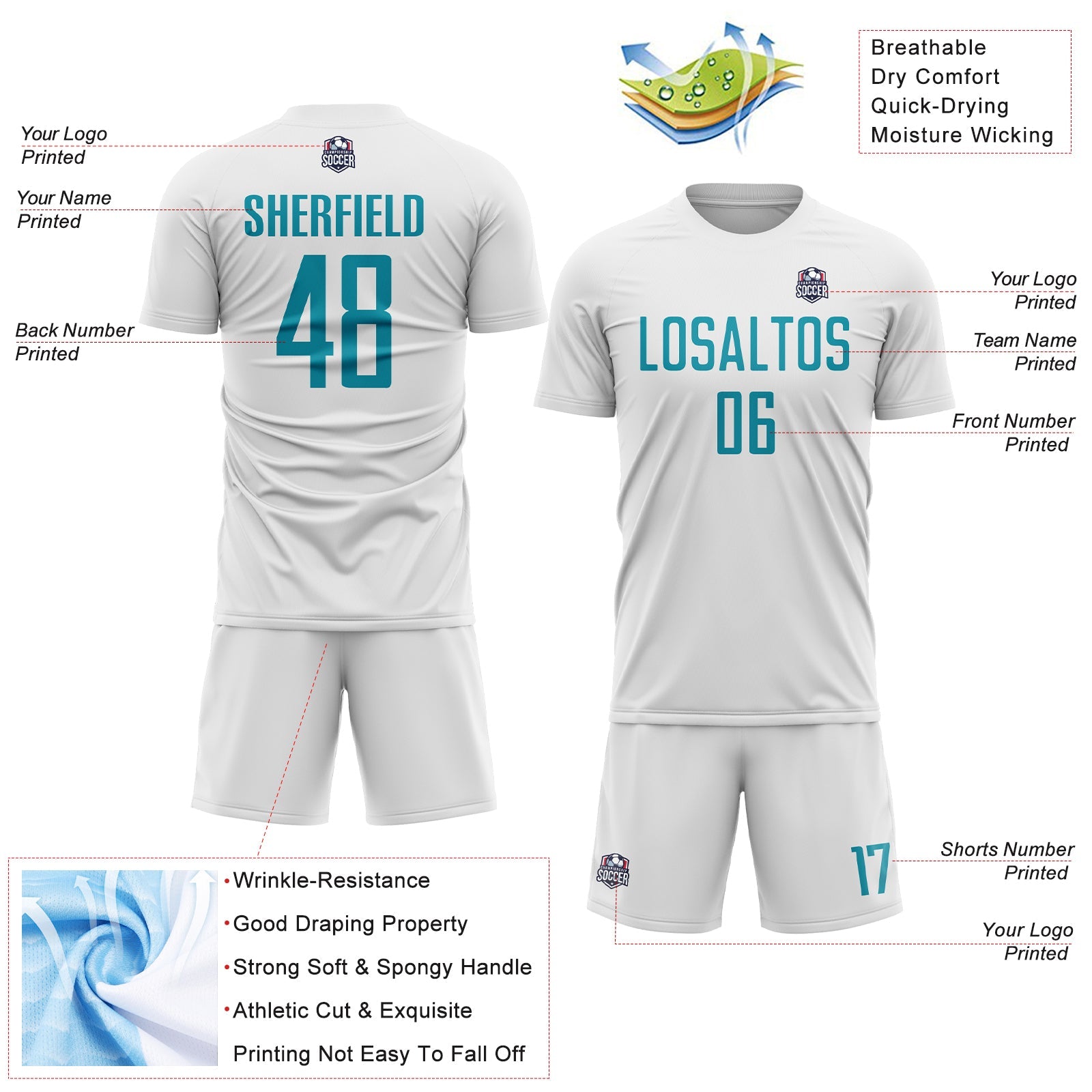 Custom White Teal Sublimation Soccer Uniform Jersey - Sky-Custom