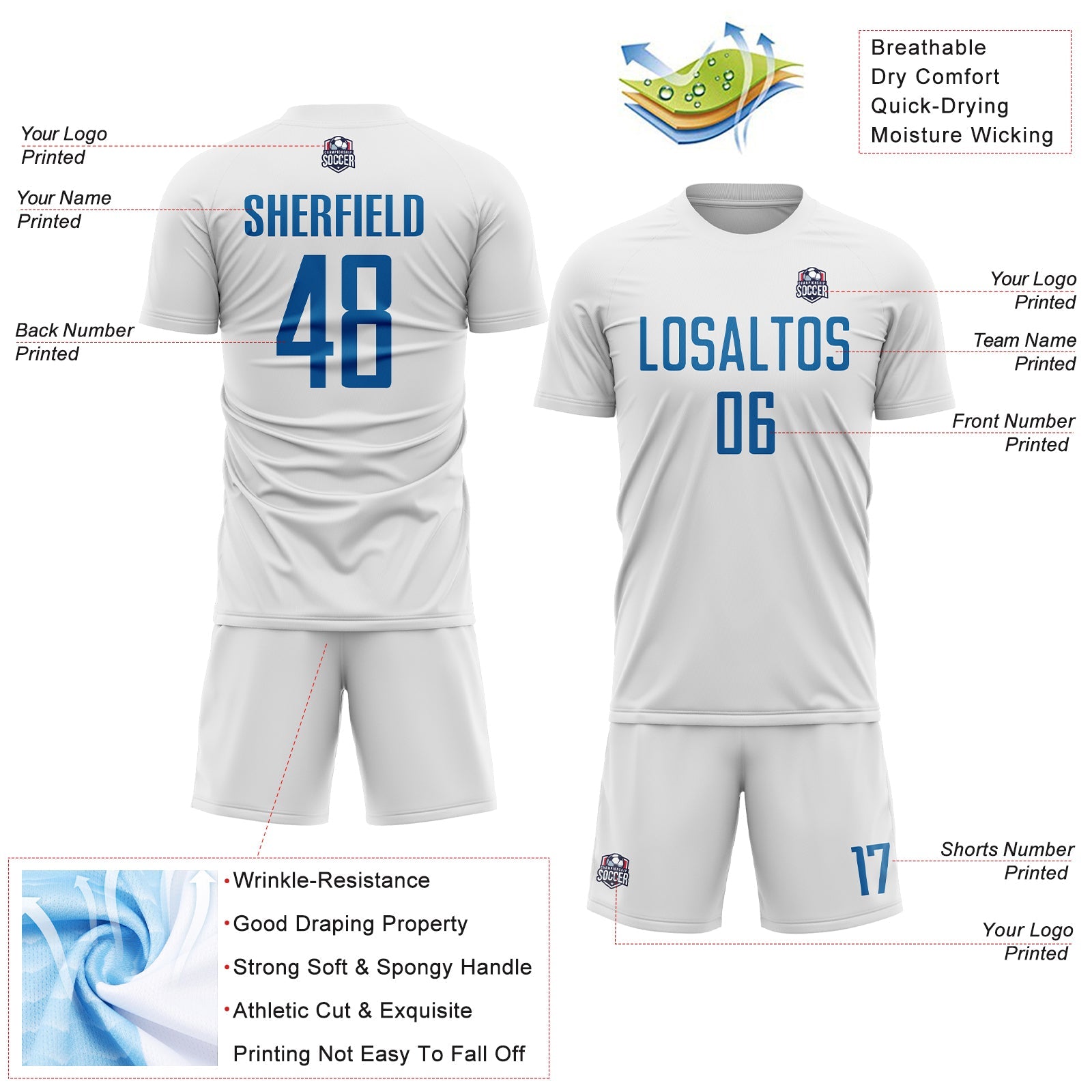 Custom White Blue Sublimation Soccer Uniform Jersey - Sky-Custom