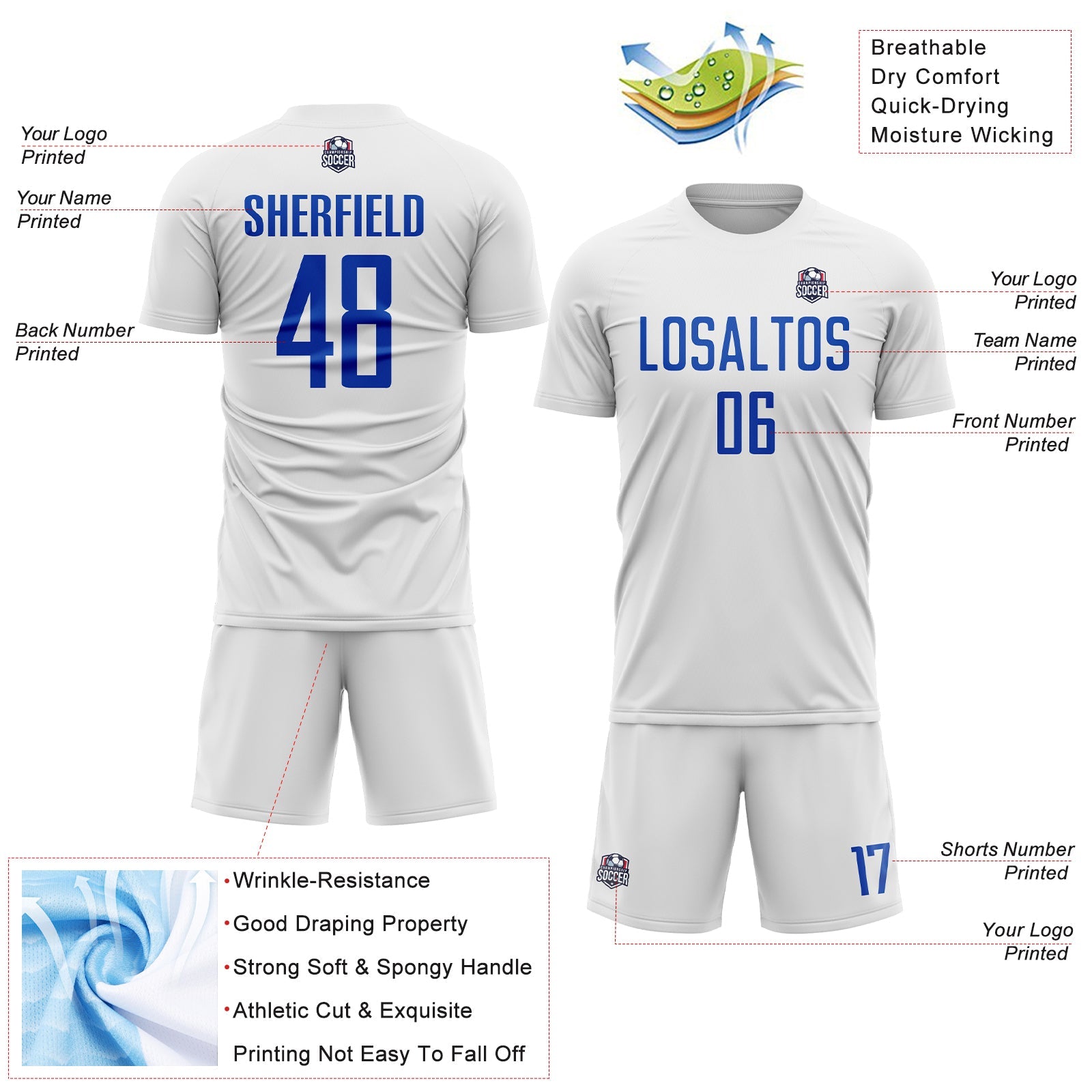 Custom White Thunder Blue Sublimation Soccer Uniform Jersey - Sky-Custom