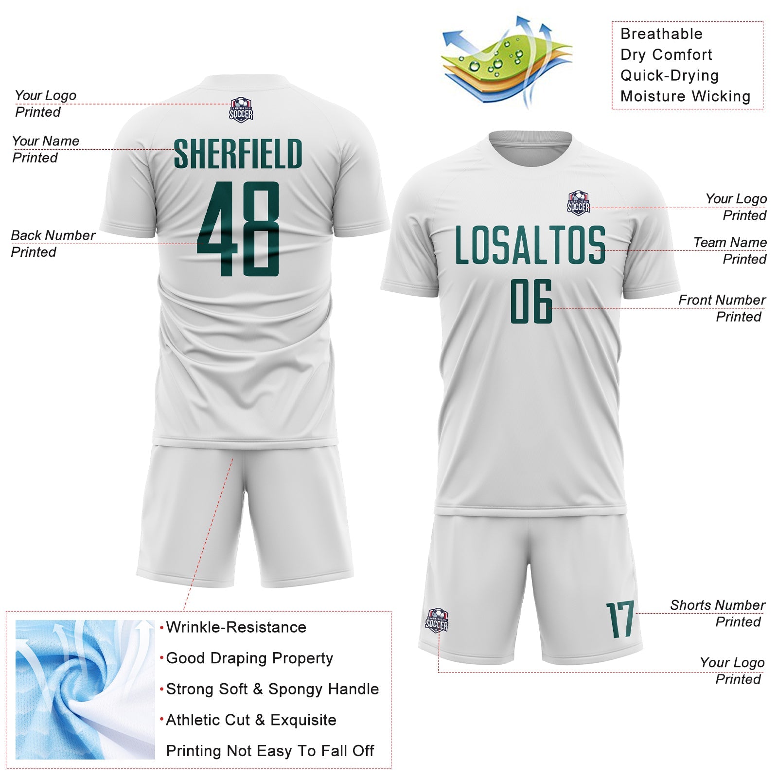 Custom White Midnight Green Sublimation Soccer Uniform Jersey - Sky-Custom