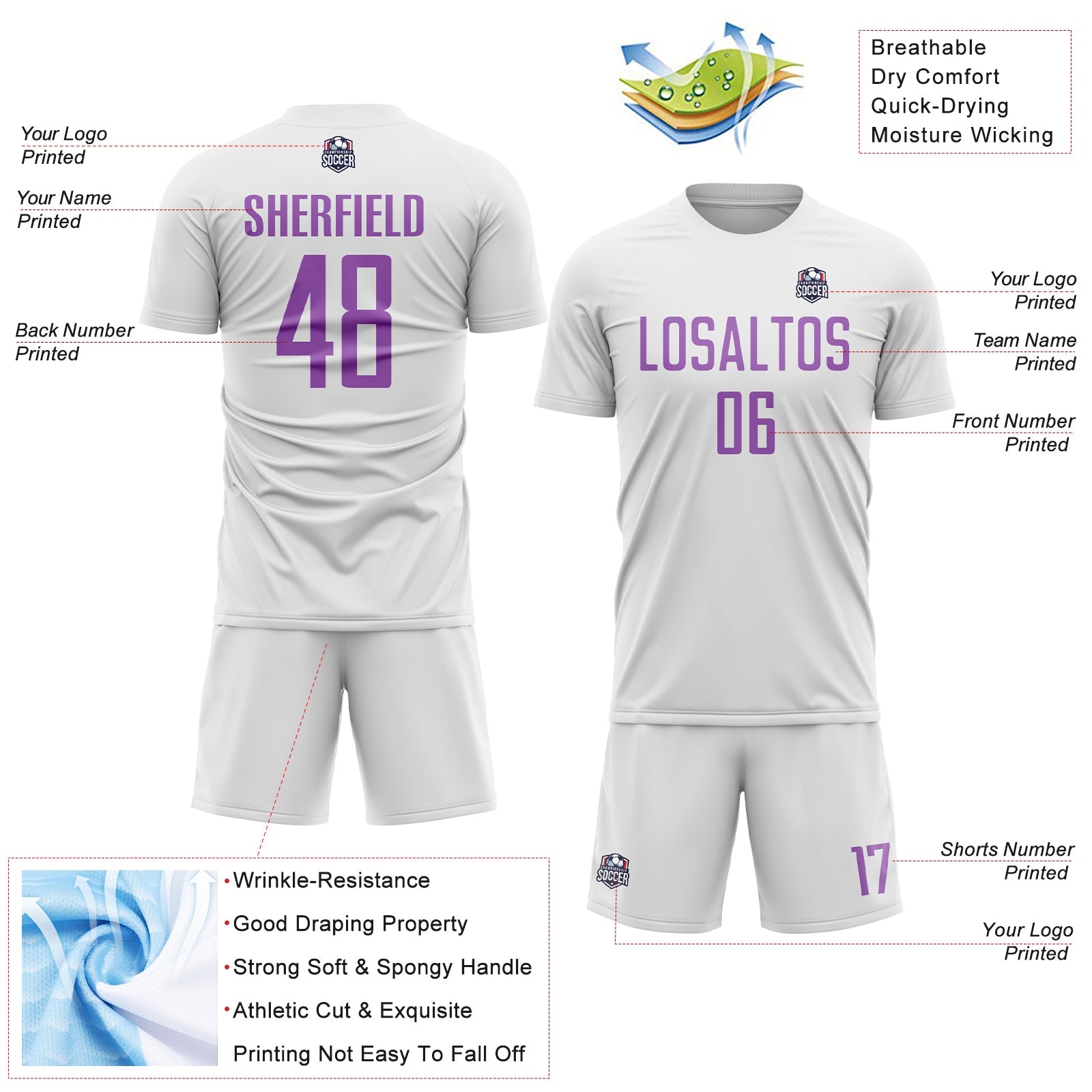 Custom White Medium Purple Sublimation Soccer Uniform Jersey - Sky-Custom