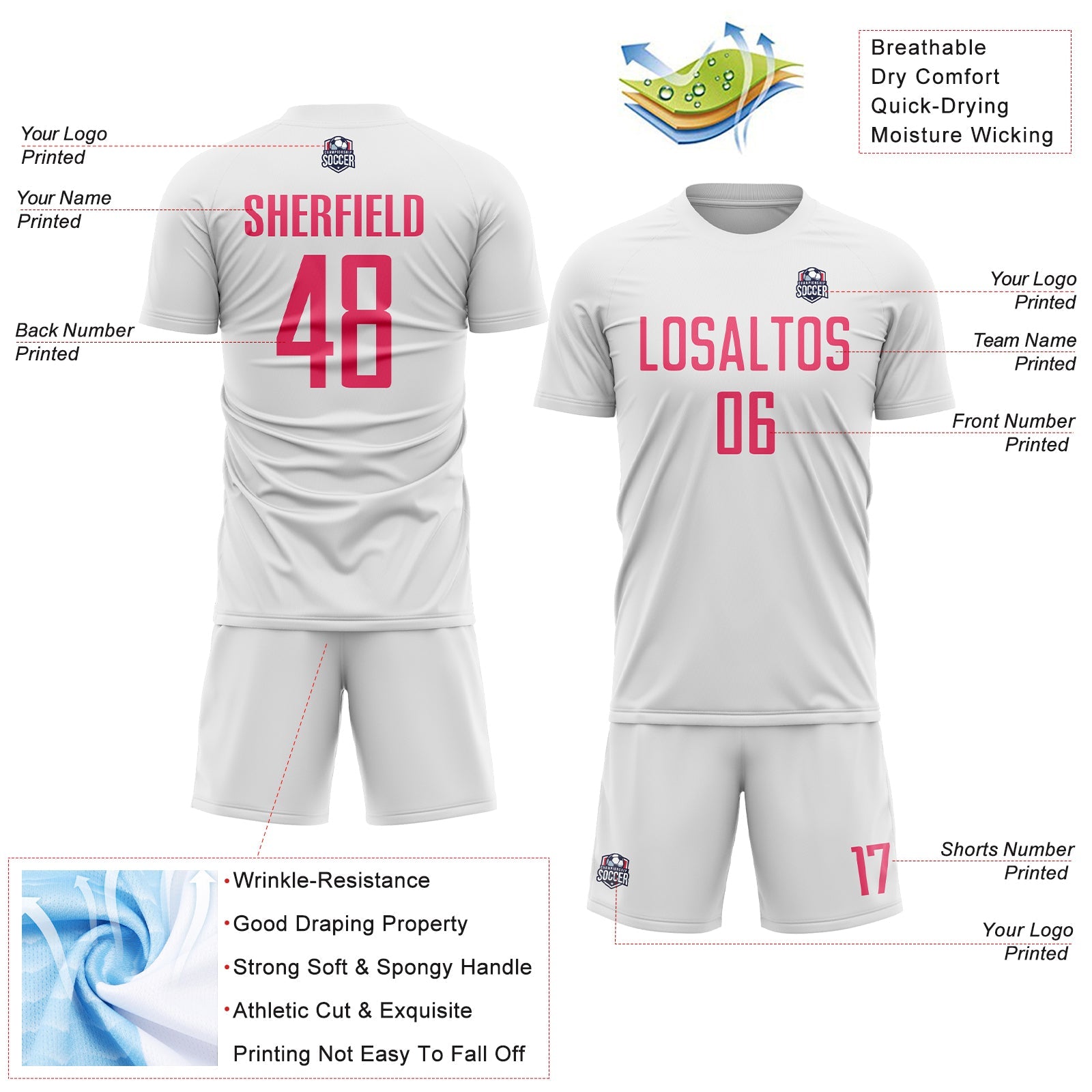 Custom White Neon Pink Sublimation Soccer Uniform Jersey - Sky-Custom