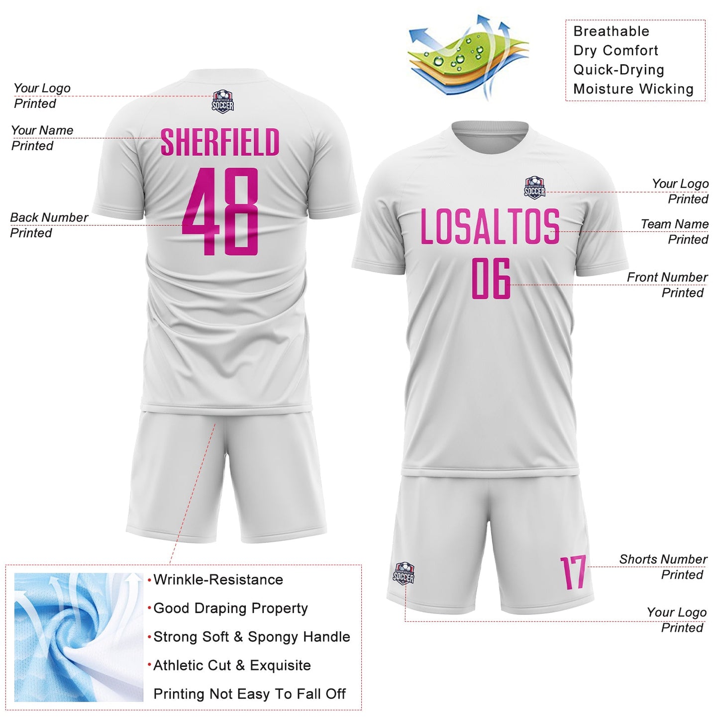 Custom White Deep Pink Sublimation Soccer Uniform Jersey - Sky-Custom