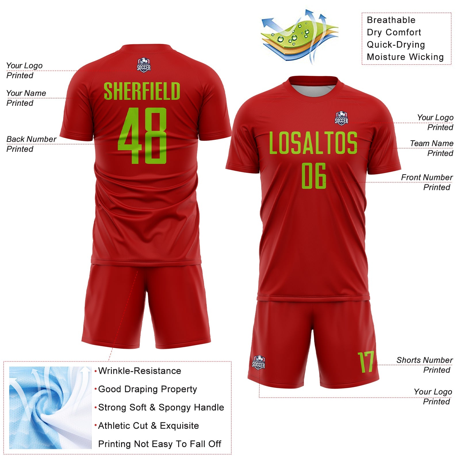 Custom Red Neon Green Sublimation Soccer Uniform Jersey - Sky-Custom