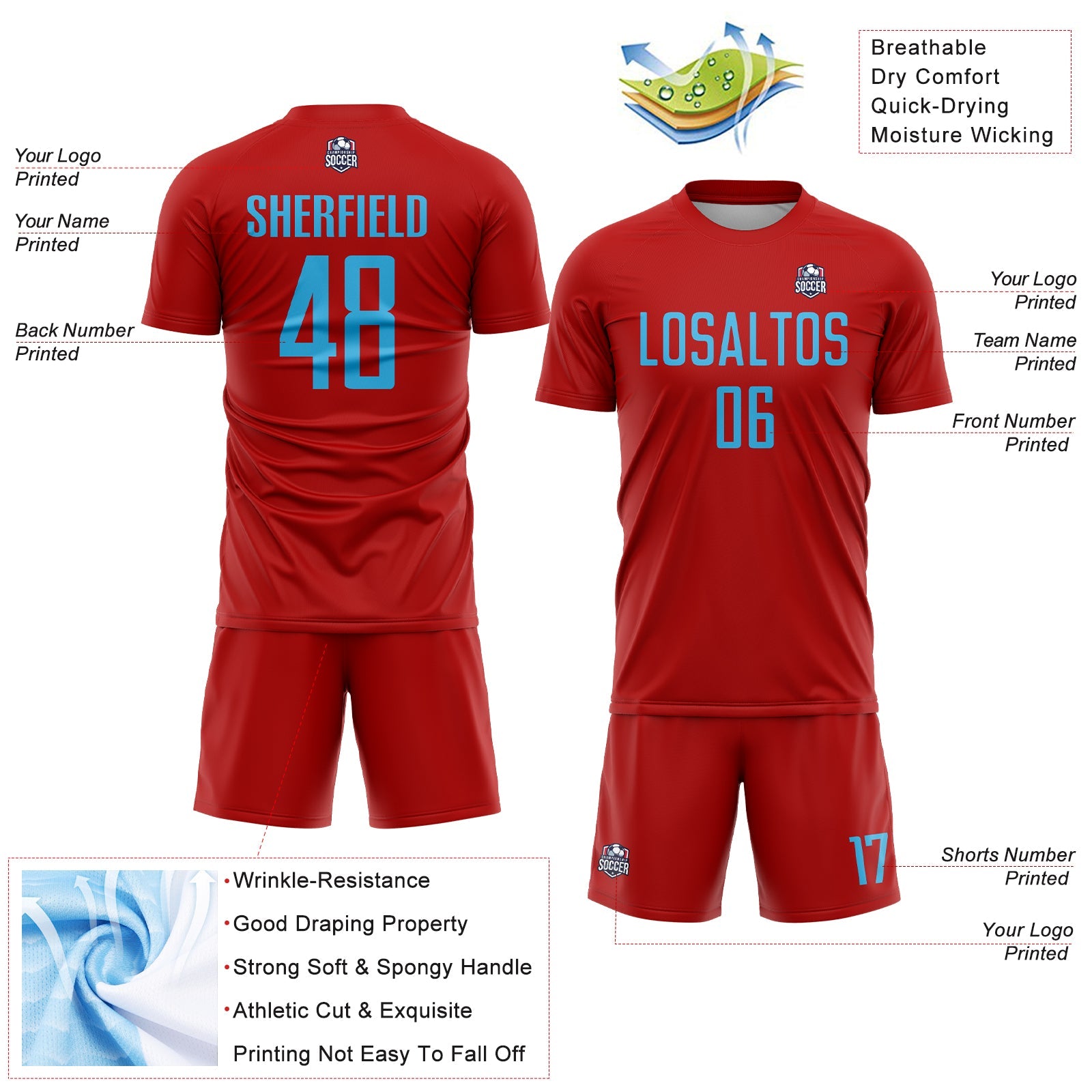 Custom Red Sky Blue Sublimation Soccer Uniform Jersey - Sky-Custom