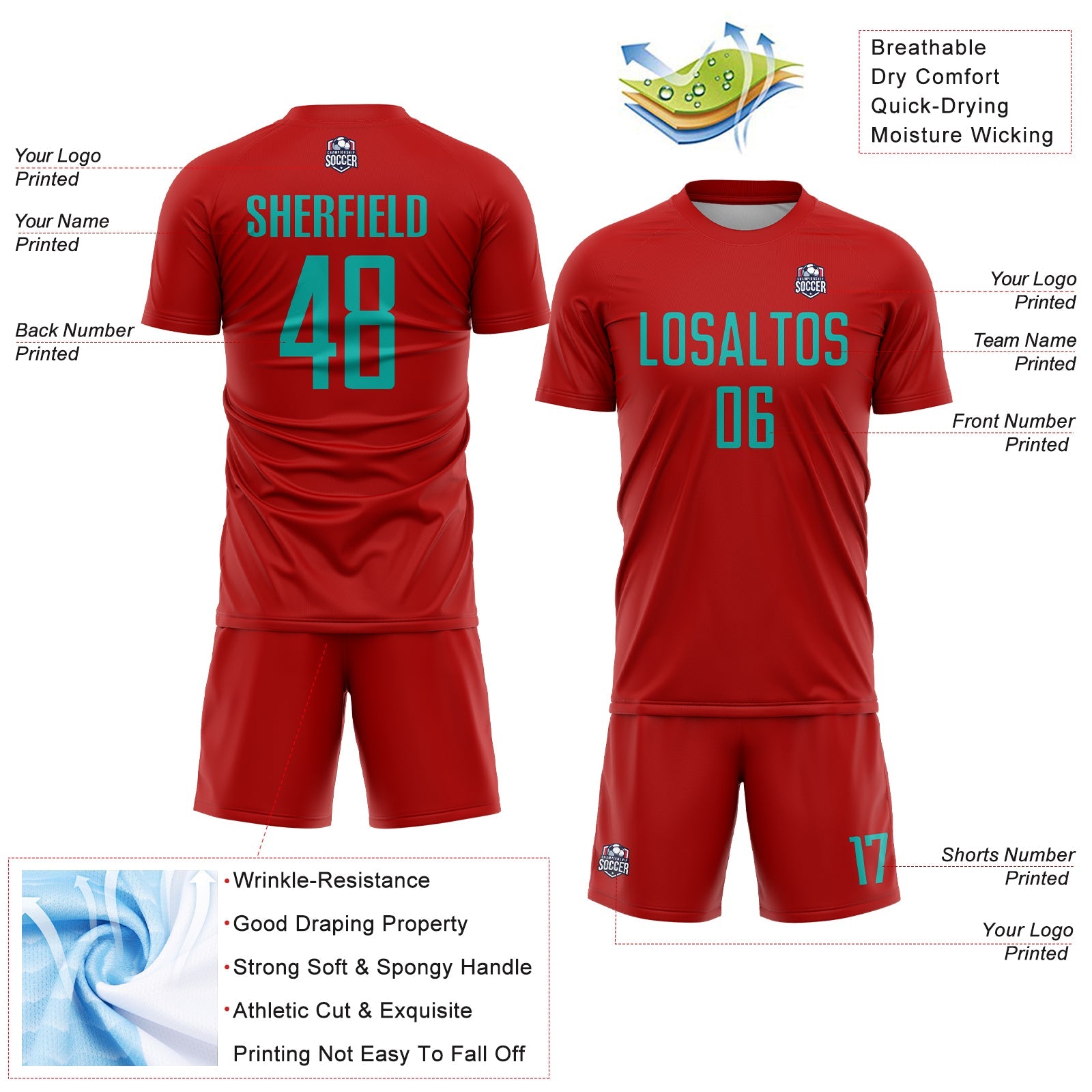 Custom Red Aqua Sublimation Soccer Uniform Jersey - Sky-Custom