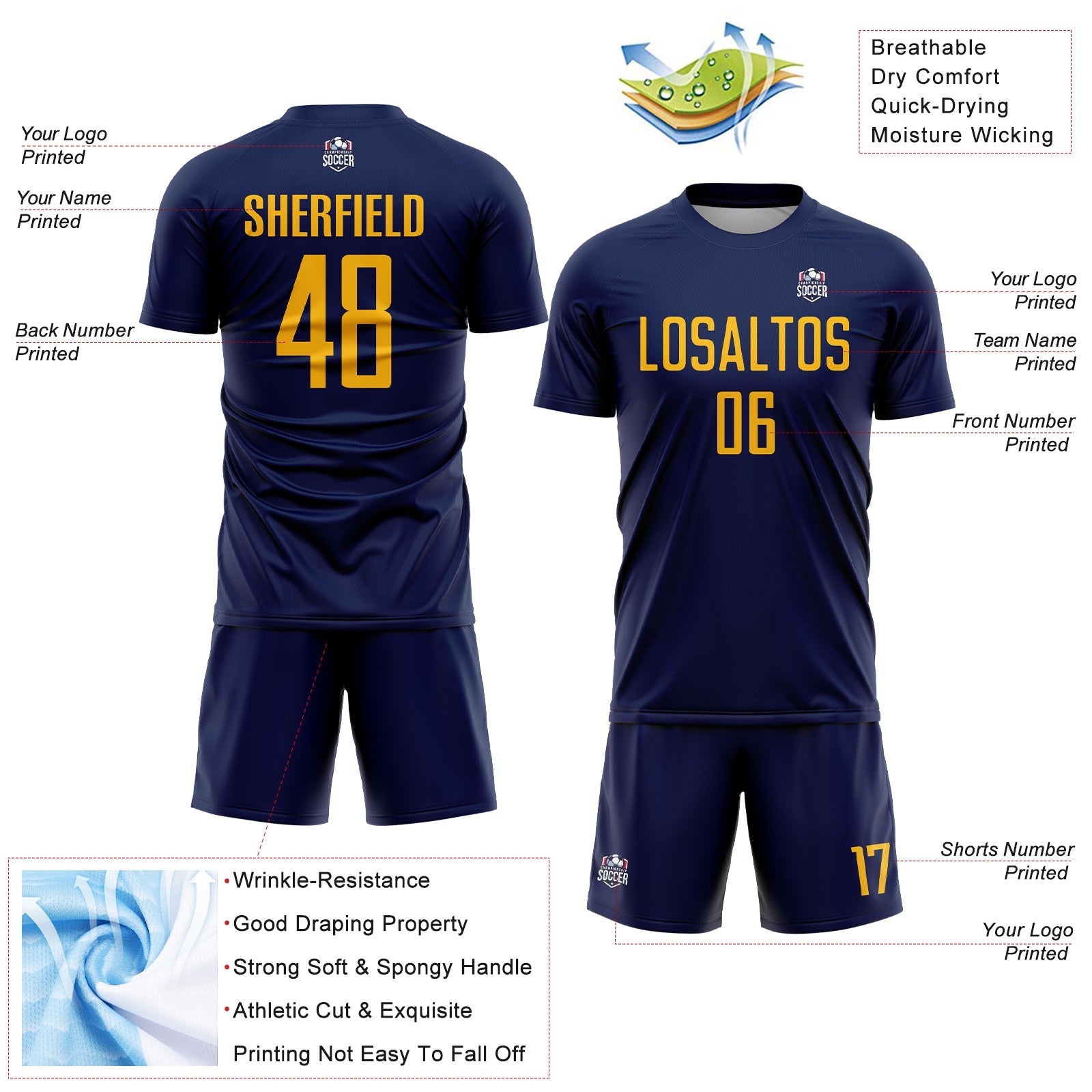 Custom Navy Gold Sublimation Soccer Uniform Jersey - Sky-Custom