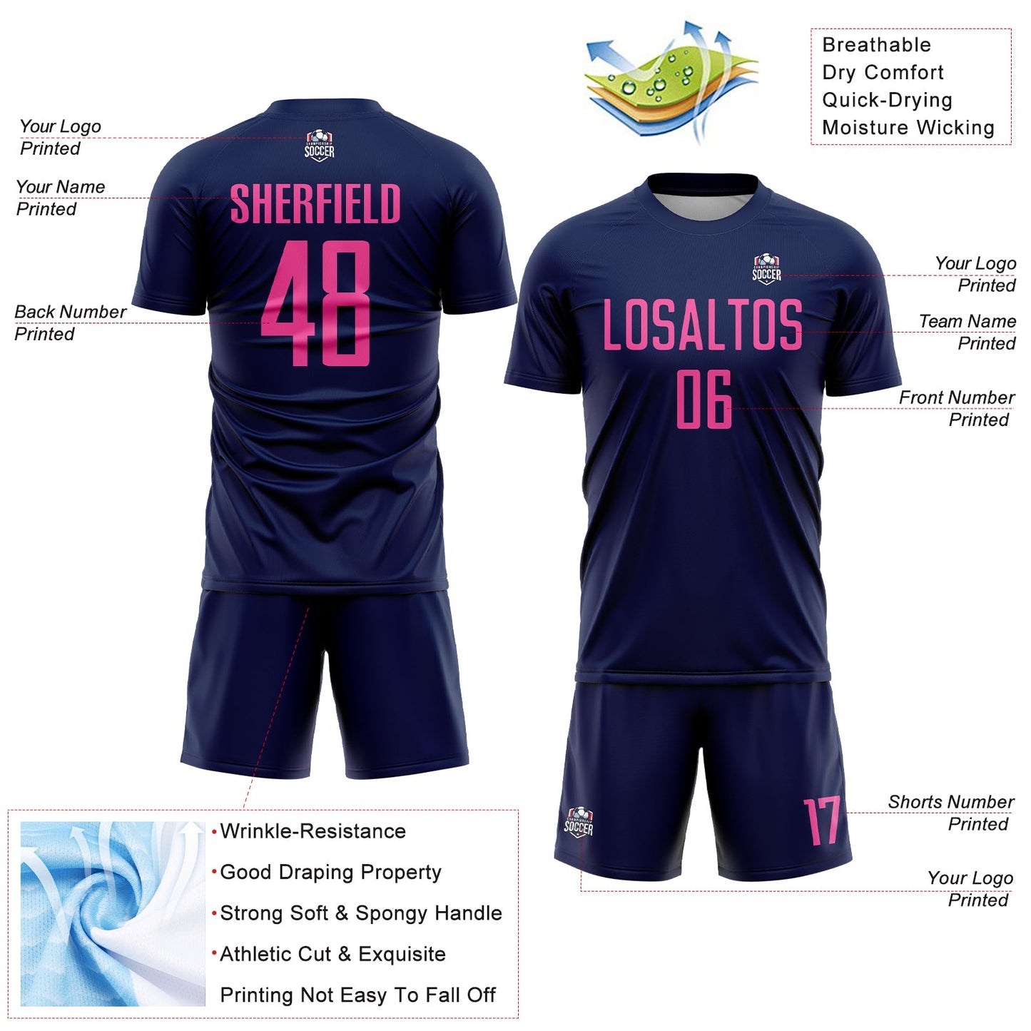 Custom Navy Pink Sublimation Soccer Uniform Jersey - Sky-Custom