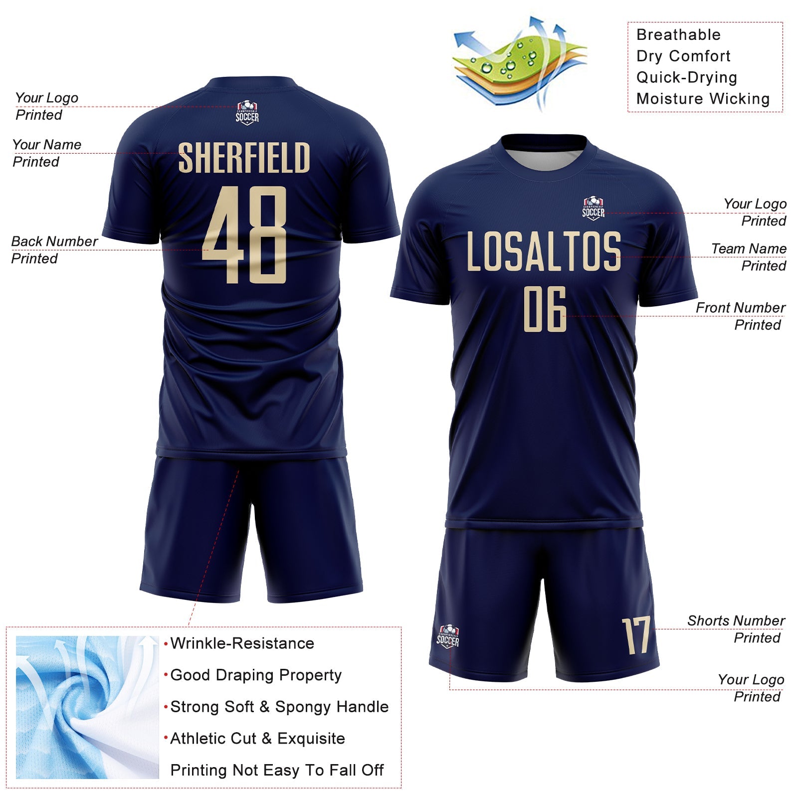 Custom Navy Cream Sublimation Soccer Uniform Jersey - Sky-Custom
