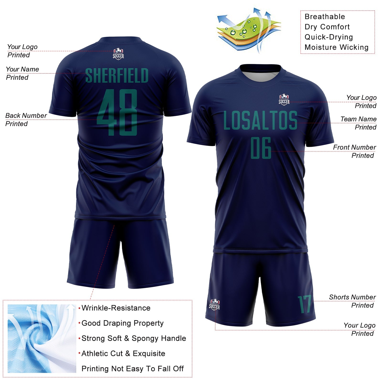 Custom Navy Teal Sublimation Soccer Uniform Jersey - Sky-Custom
