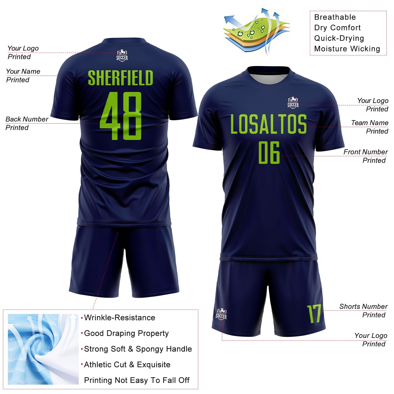 Custom Navy Neon Green Sublimation Soccer Uniform Jersey - Sky-Custom