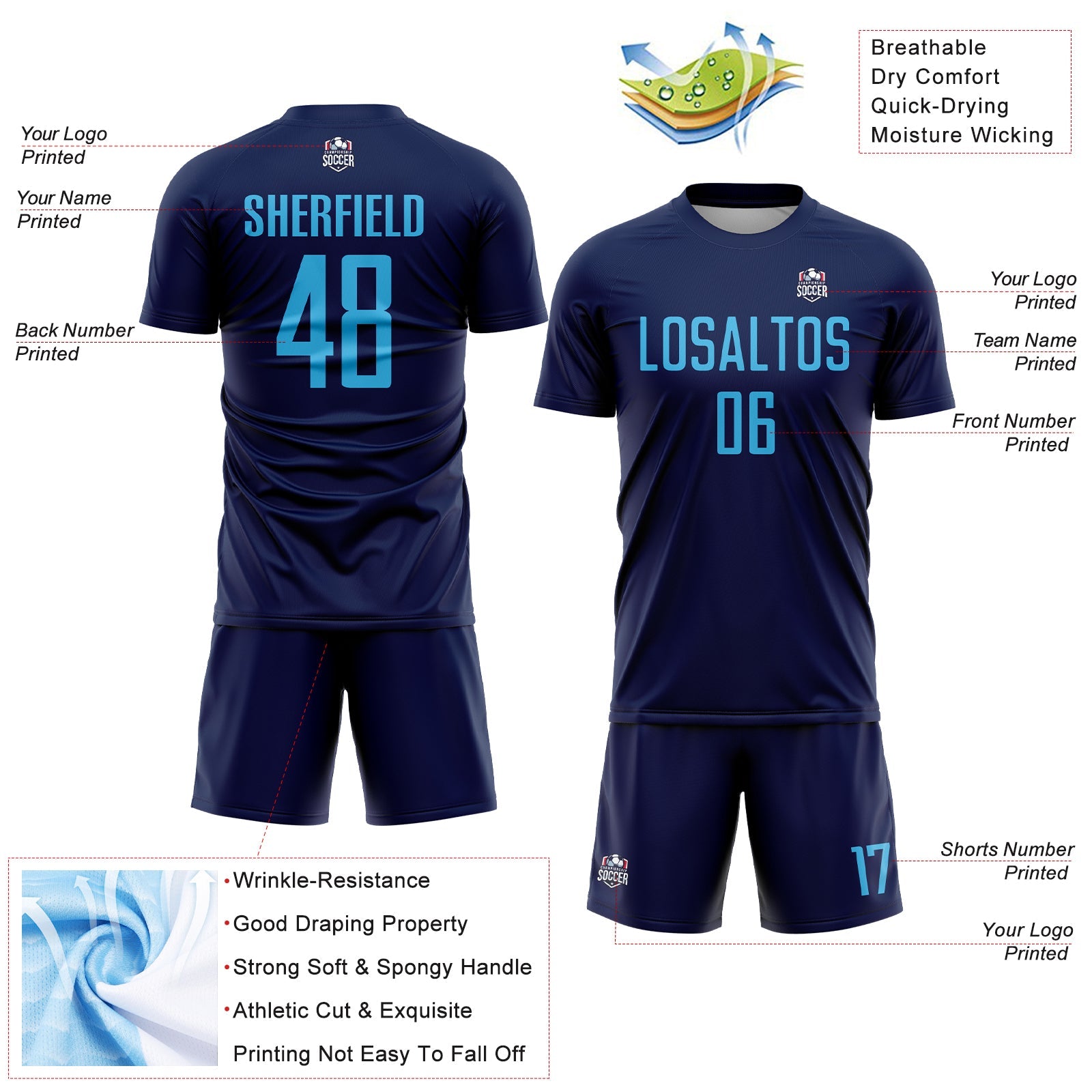 Custom Navy Sky Blue Sublimation Soccer Uniform Jersey - Sky-Custom