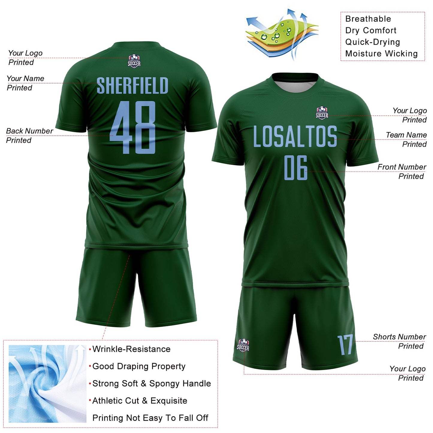 Custom Green Light Blue Sublimation Soccer Uniform Jersey - Sky-Custom
