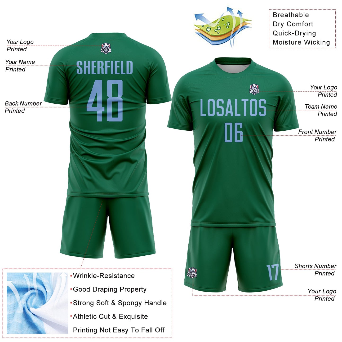 Custom Kelly Green Light Blue Sublimation Soccer Uniform Jersey - Sky-Custom