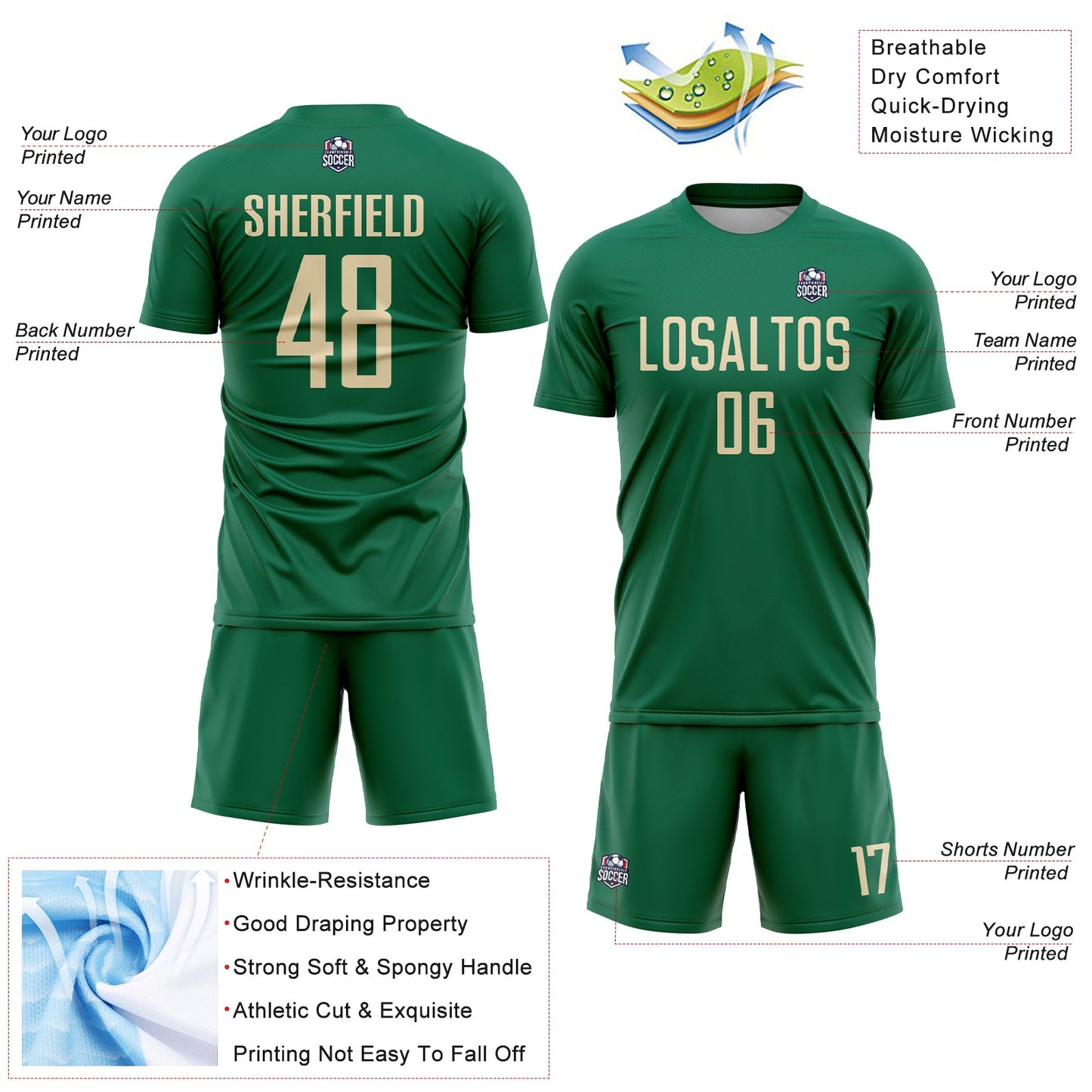 Custom Kelly Green Cream Sublimation Soccer Uniform Jersey - Sky-Custom
