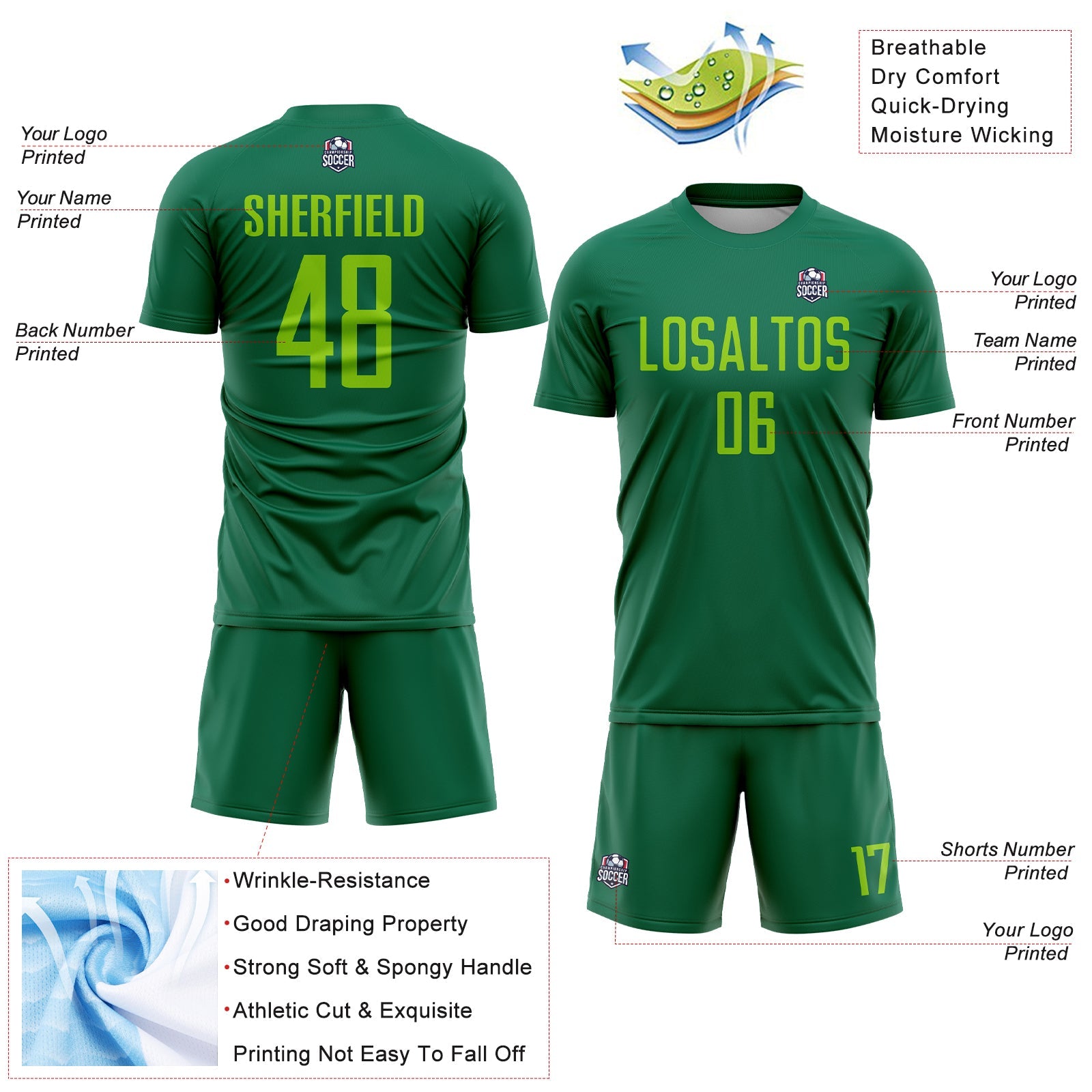Custom Kelly Green Neon Green Sublimation Soccer Uniform Jersey - Sky-Custom
