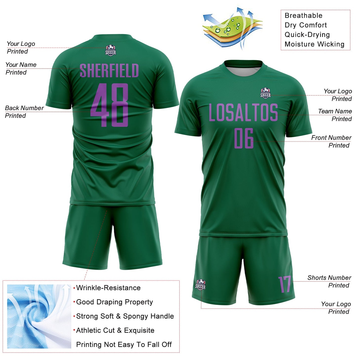 Custom Kelly Green Medium Purple Sublimation Soccer Uniform Jersey - Sky-Custom
