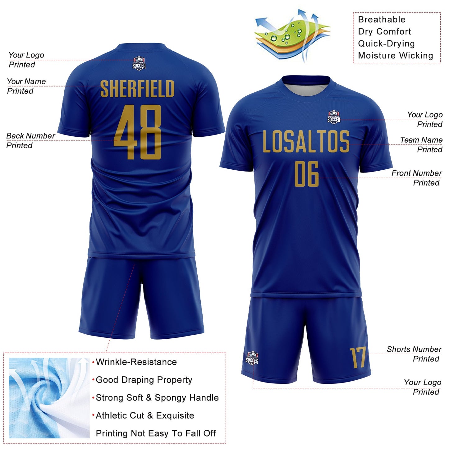 Custom Royal Old Gold Sublimation Soccer Uniform Jersey - Sky-Custom