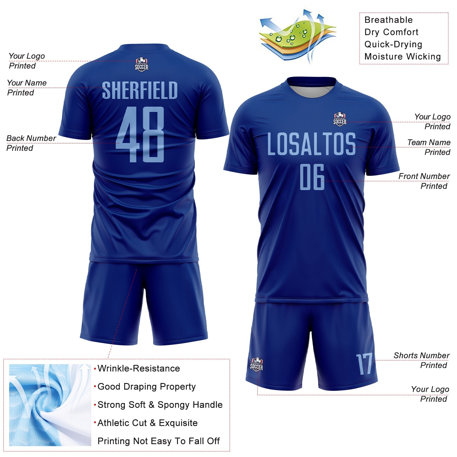 Custom Royal Light Blue Sublimation Soccer Uniform Jersey - Sky-Custom