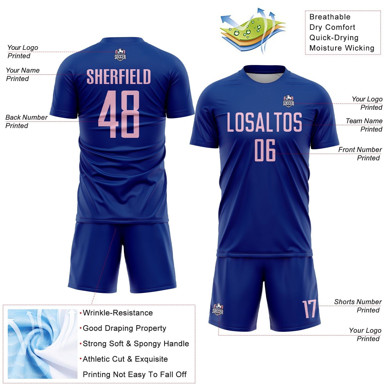 Custom Royal Light Pink Sublimation Soccer Uniform Jersey - Sky-Custom