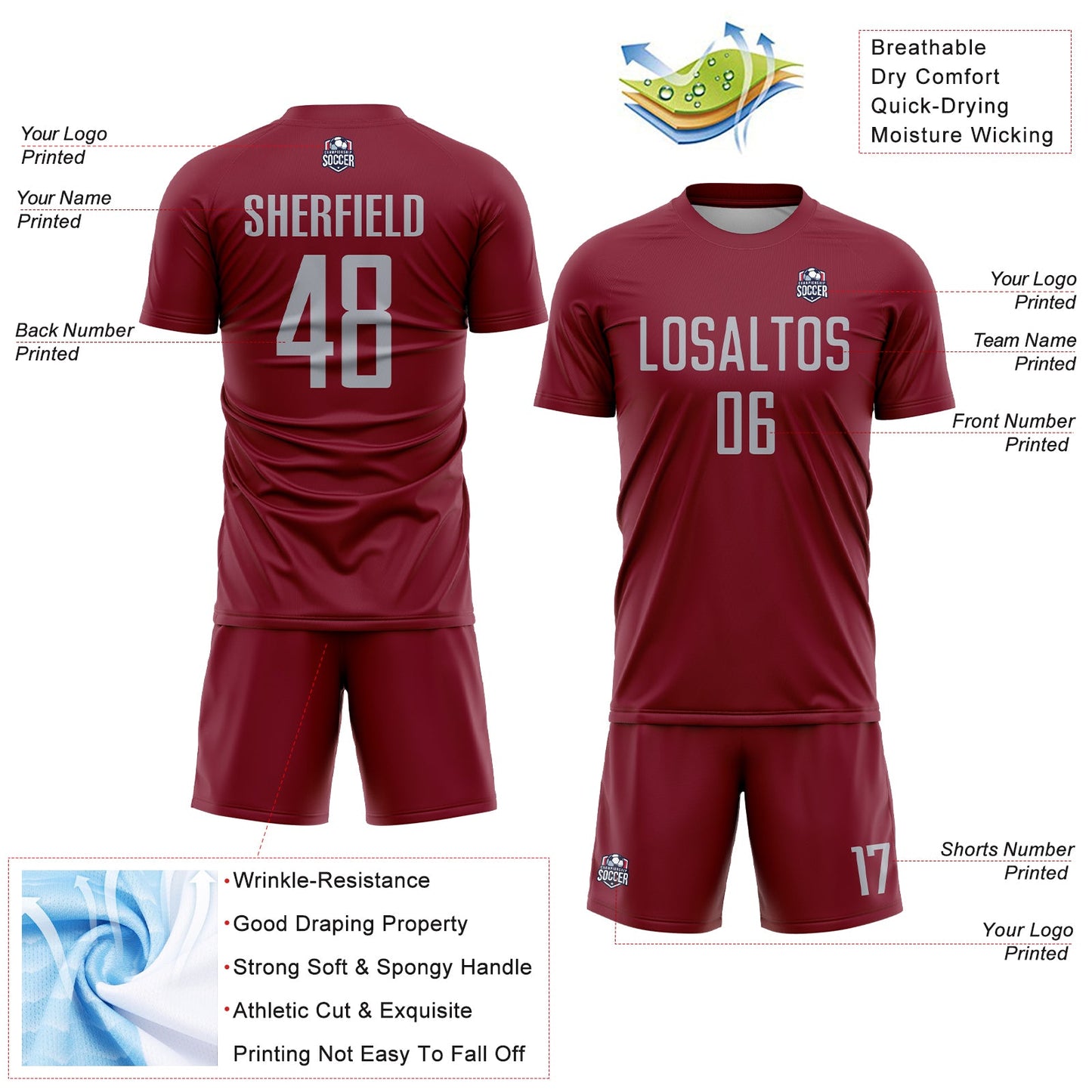 Custom Crimson Gray Sublimation Soccer Uniform Jersey - Sky-Custom