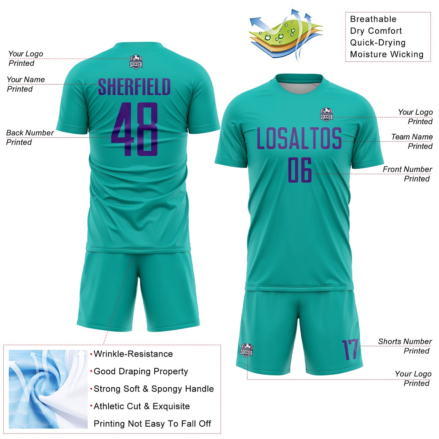 Custom Aqua Purple Sublimation Soccer Uniform Jersey - Sky-Custom
