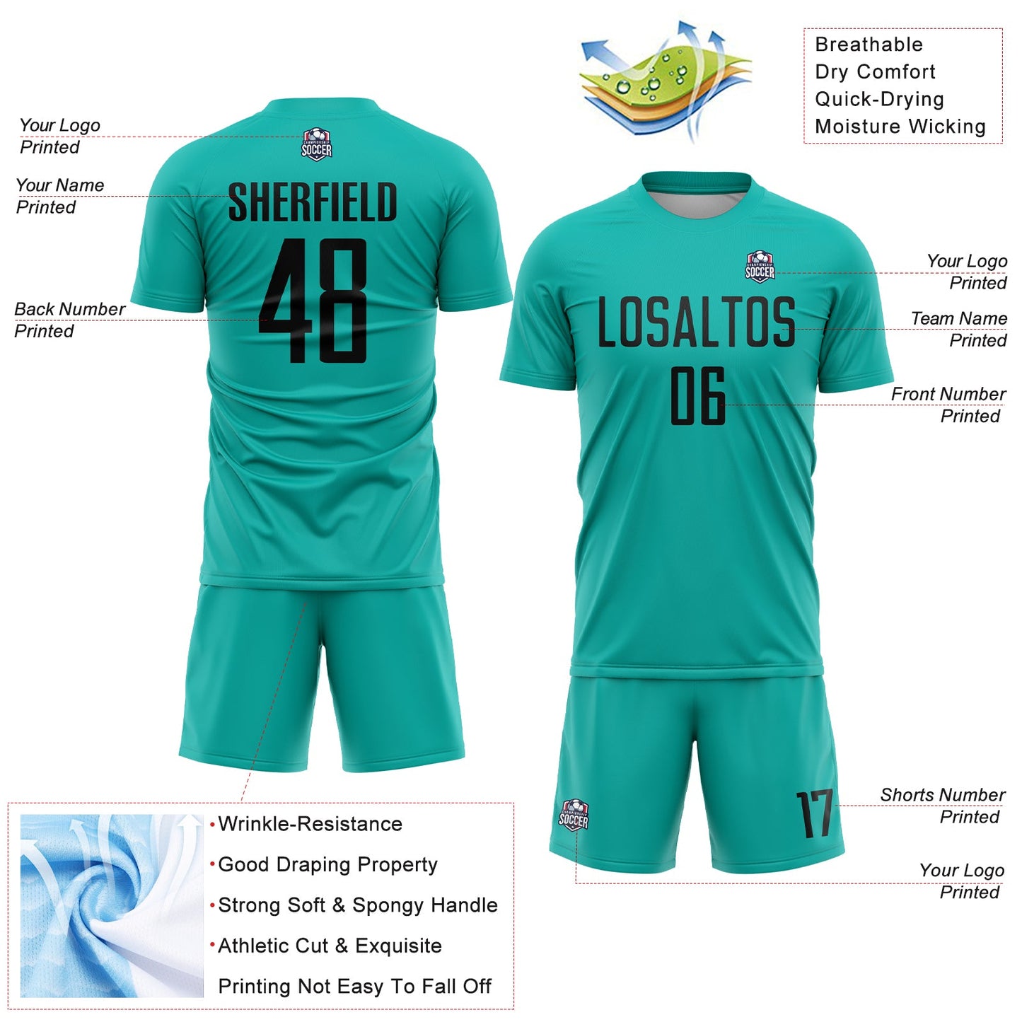 Custom Aqua Black Sublimation Soccer Uniform Jersey - Sky-Custom