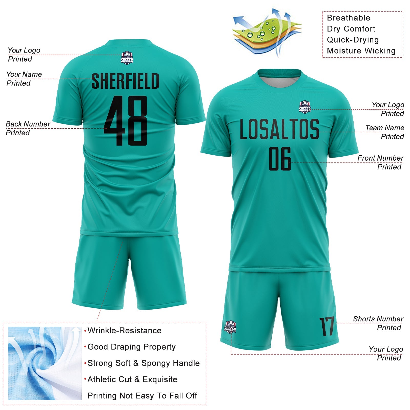 Custom Aqua Black Sublimation Soccer Uniform Jersey - Sky-Custom