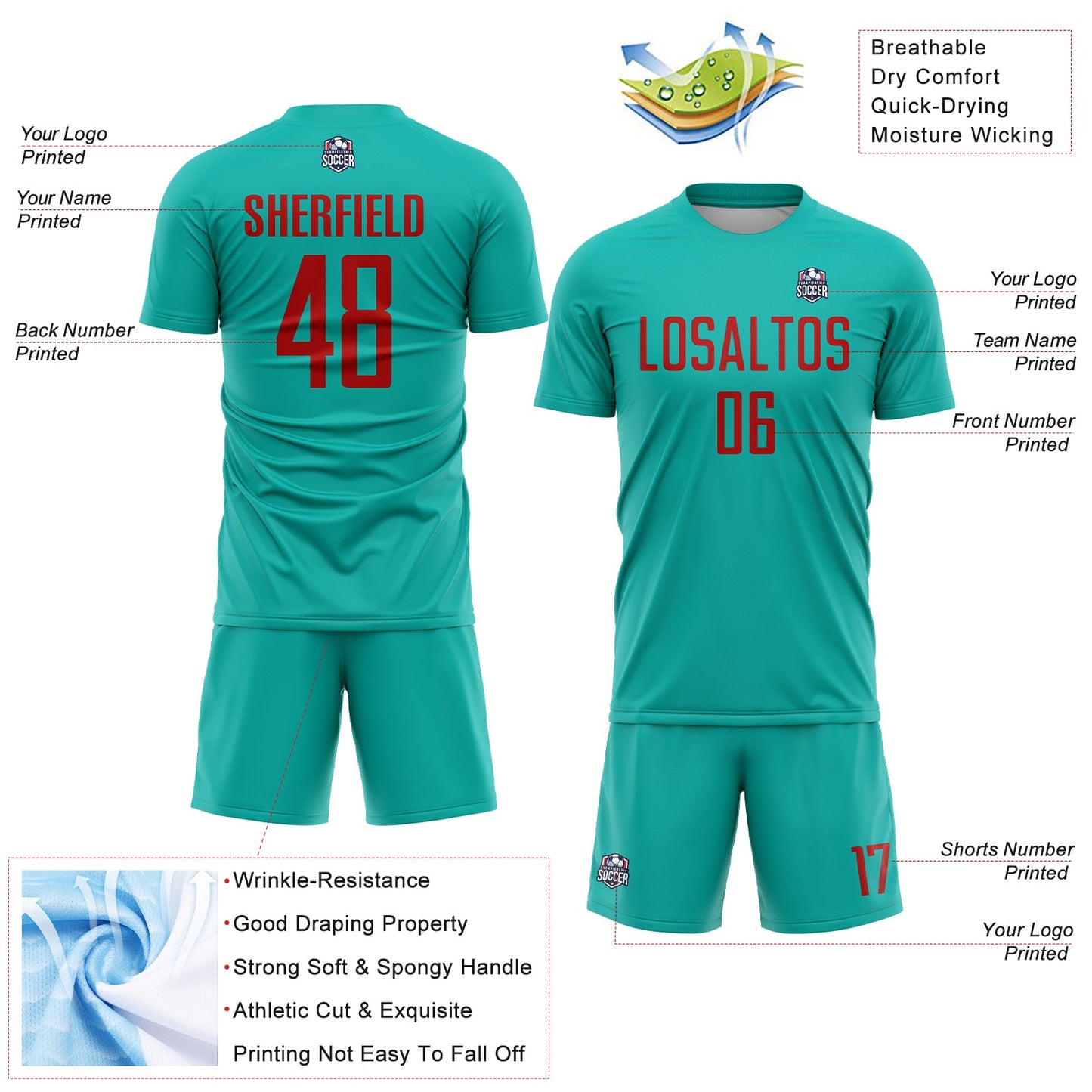 Custom Aqua Red Sublimation Soccer Uniform Jersey - Sky-Custom