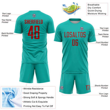 Custom Aqua Red Sublimation Soccer Uniform Jersey - Sky-Custom