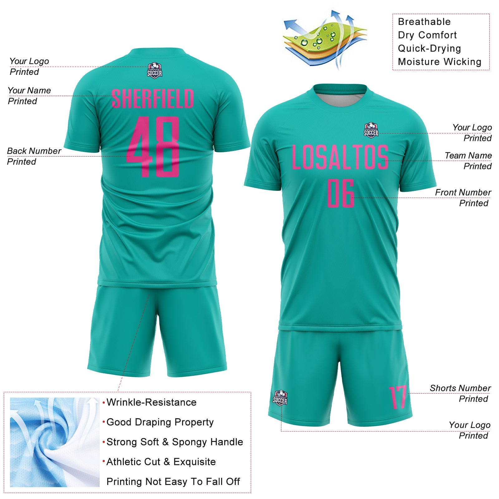 Custom Aqua Pink Sublimation Soccer Uniform Jersey - Sky-Custom