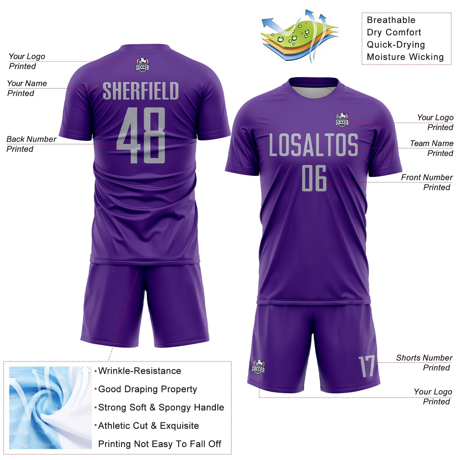 Custom Purple Gray Sublimation Soccer Uniform Jersey - Sky-Custom
