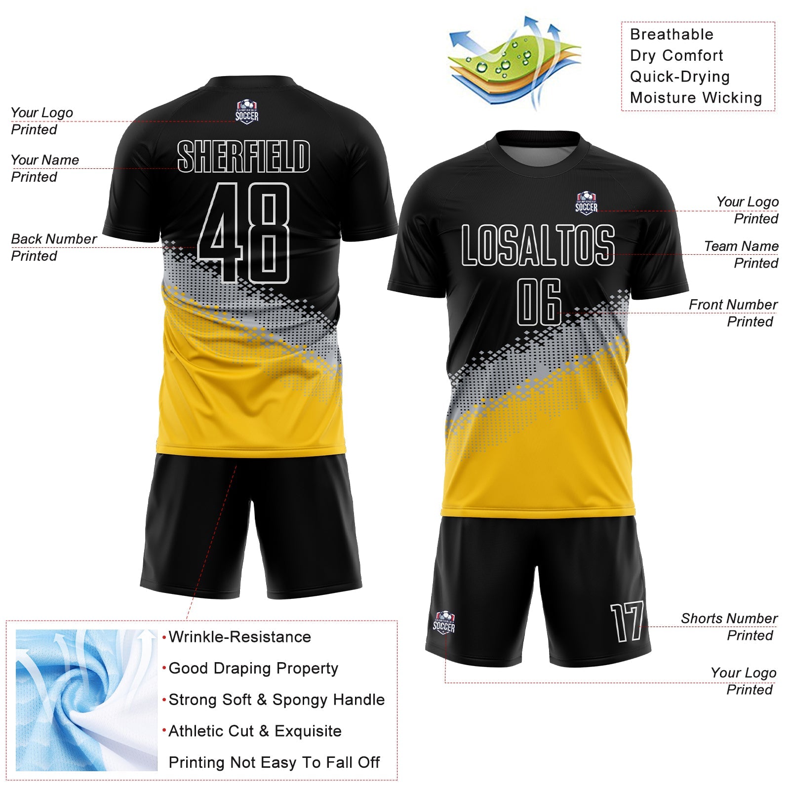 Custom Black Gray-Yellow Gradient Geometric Shape Sublimation Soccer Uniform Jersey - Sky-Custom