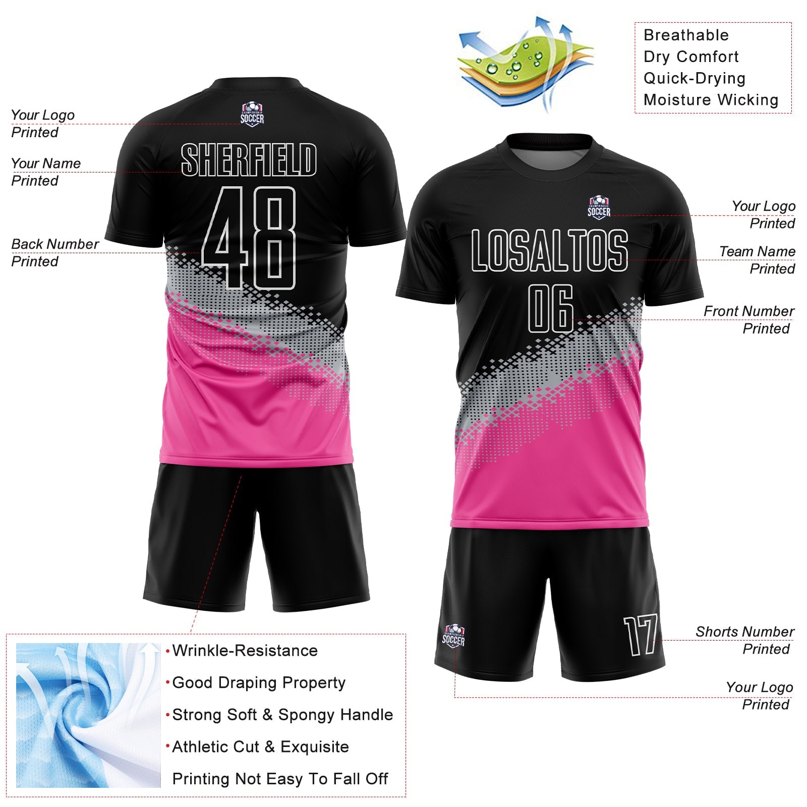 Custom Black Gray-Pink Gradient Geometric Shape Sublimation Soccer Uniform Jersey - Sky-Custom