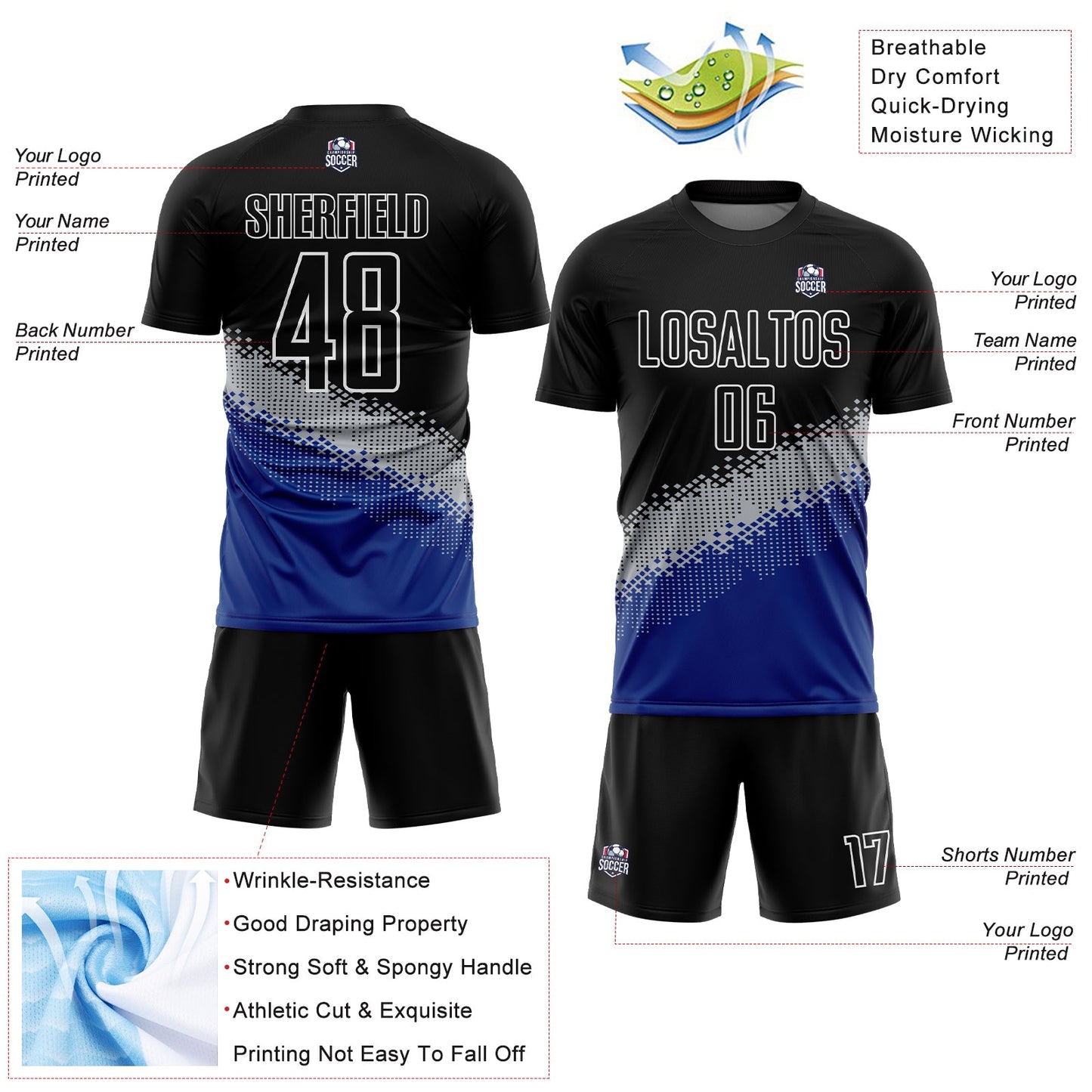 Custom Black Gray-Royal Gradient Geometric Shape Sublimation Soccer Uniform Jersey - Sky-Custom