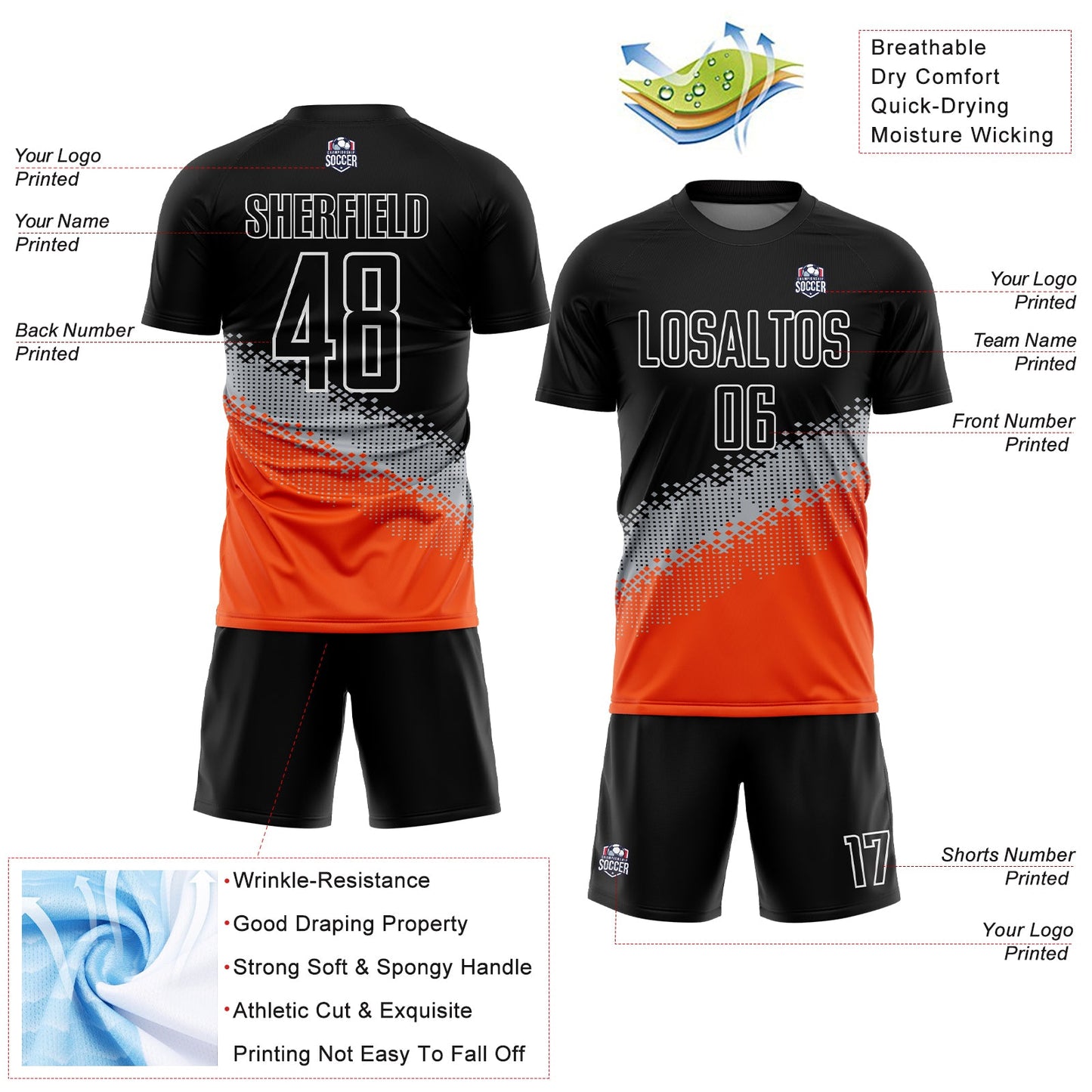 Custom Black Gray-Orange Gradient Geometric Shape Sublimation Soccer Uniform Jersey - Sky-Custom