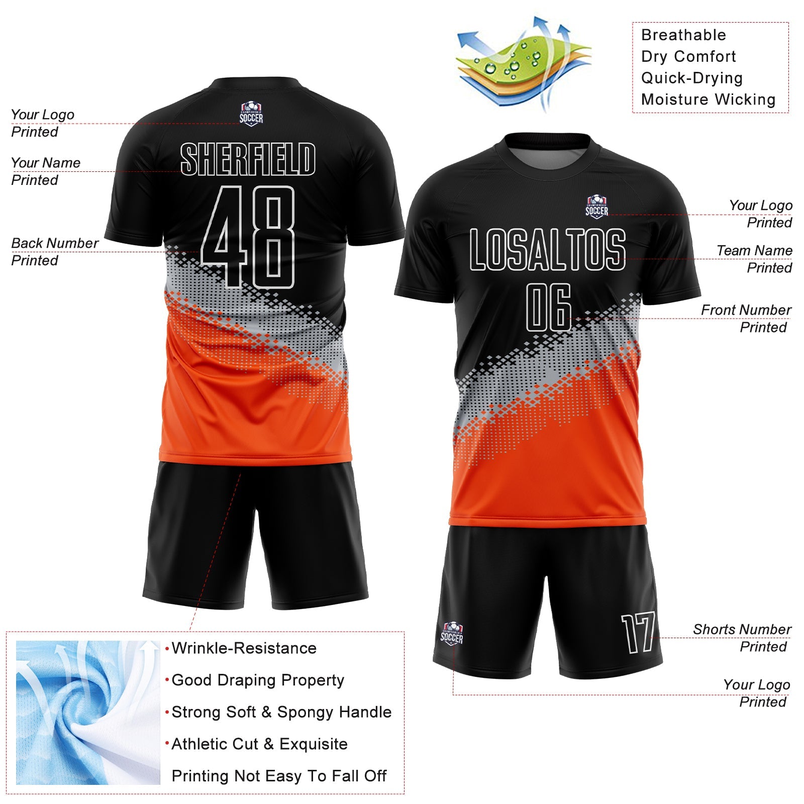 Custom Black Gray-Orange Gradient Geometric Shape Sublimation Soccer Uniform Jersey - Sky-Custom