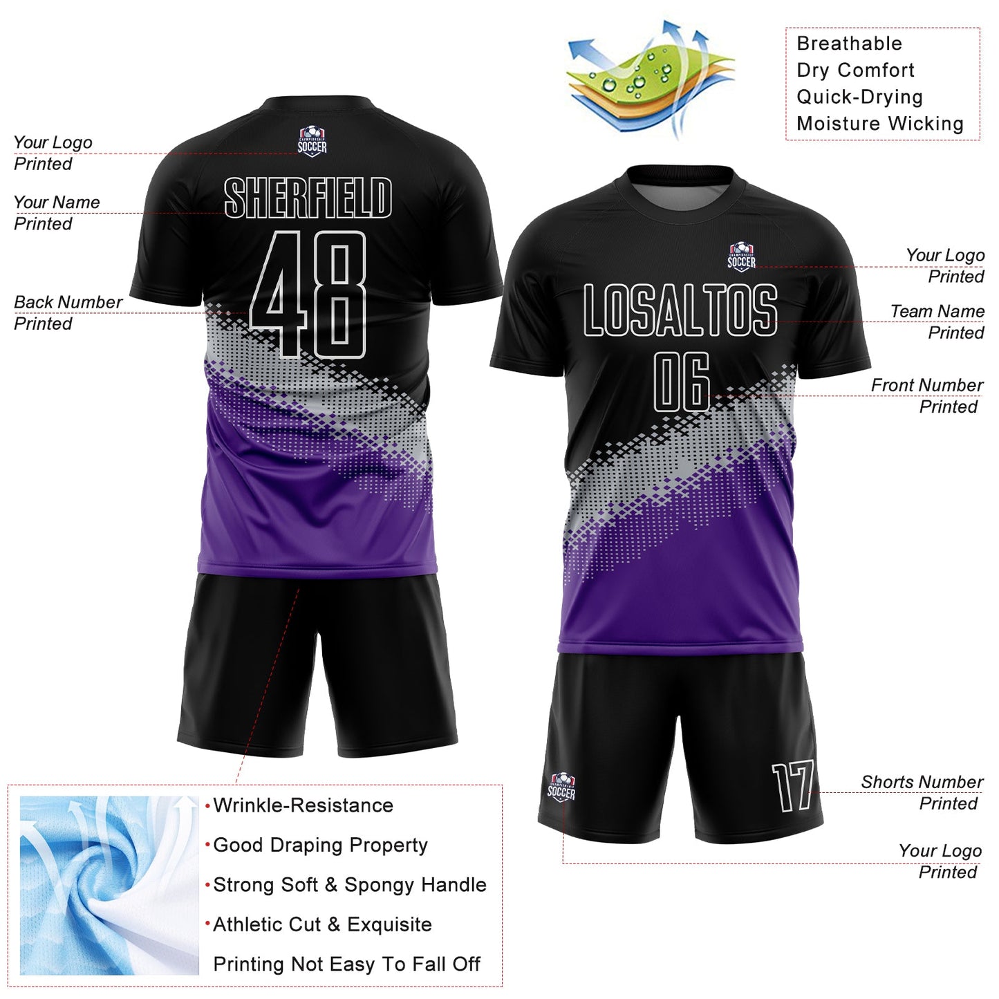 Custom Black Gray-Purple Gradient Geometric Shape Sublimation Soccer Uniform Jersey - Sky-Custom