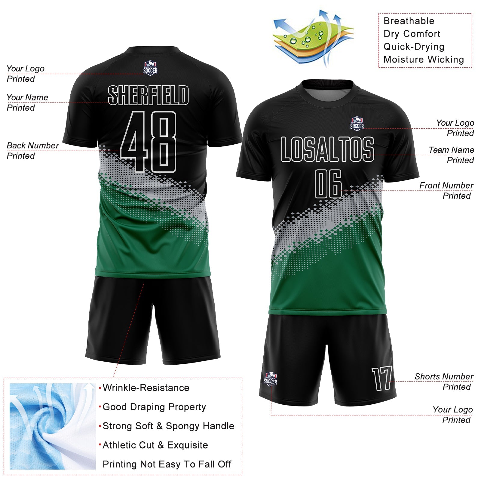 Custom Black Gray-Kelly Green Gradient Geometric Shape Sublimation Soccer Uniform Jersey - Sky-Custom