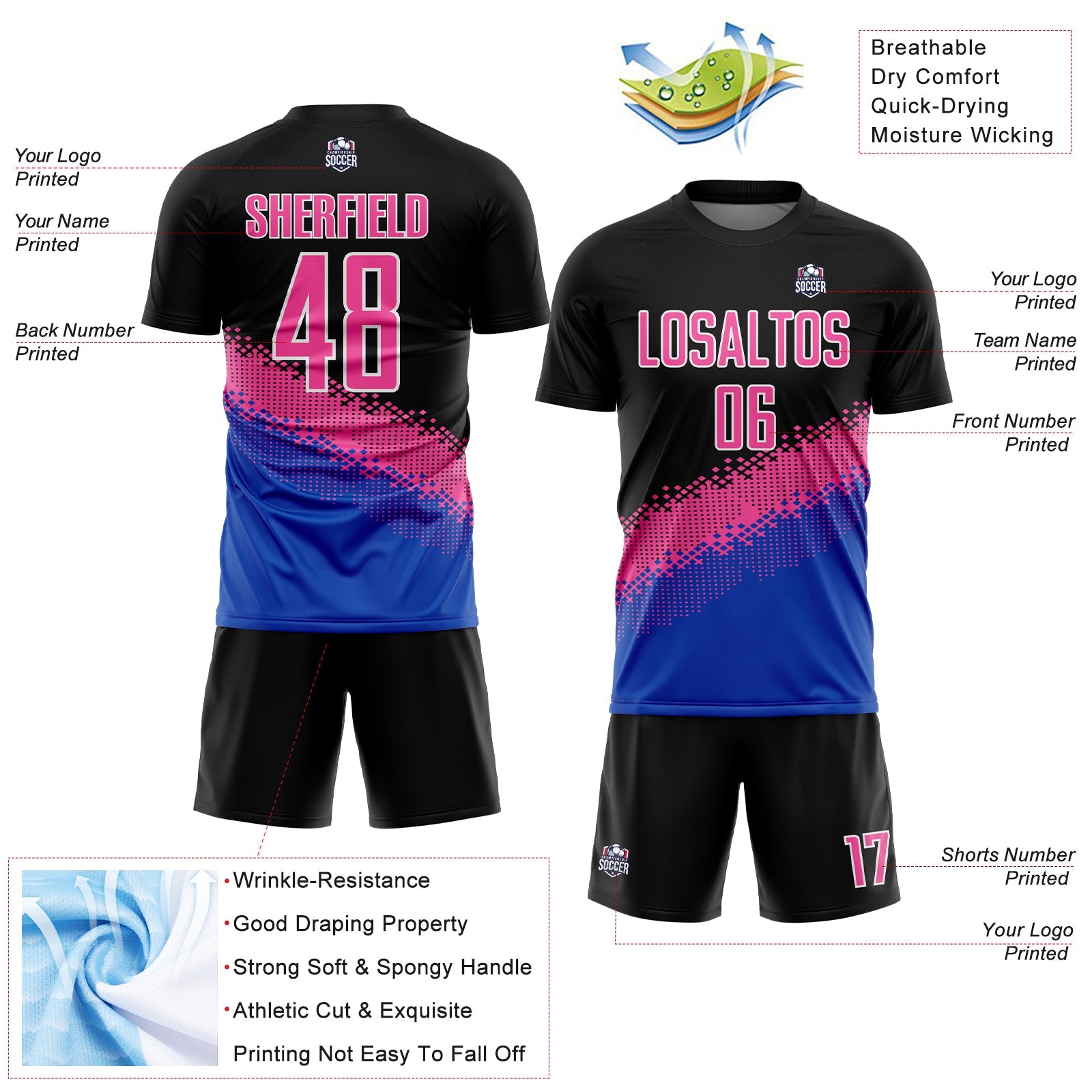 Custom Black Pink-Thunder Blue Gradient Geometric Shape Sublimation Soccer Uniform Jersey - Sky-Custom
