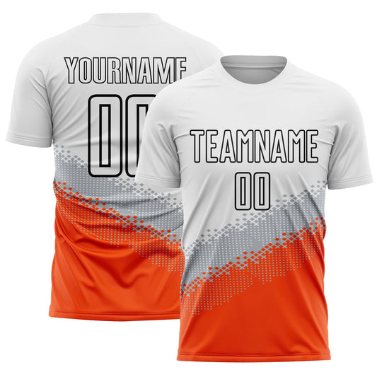 Custom White Gray Orange-Black Gradient Geometric Shape Sublimation Soccer Uniform Jersey - Sky-Custom