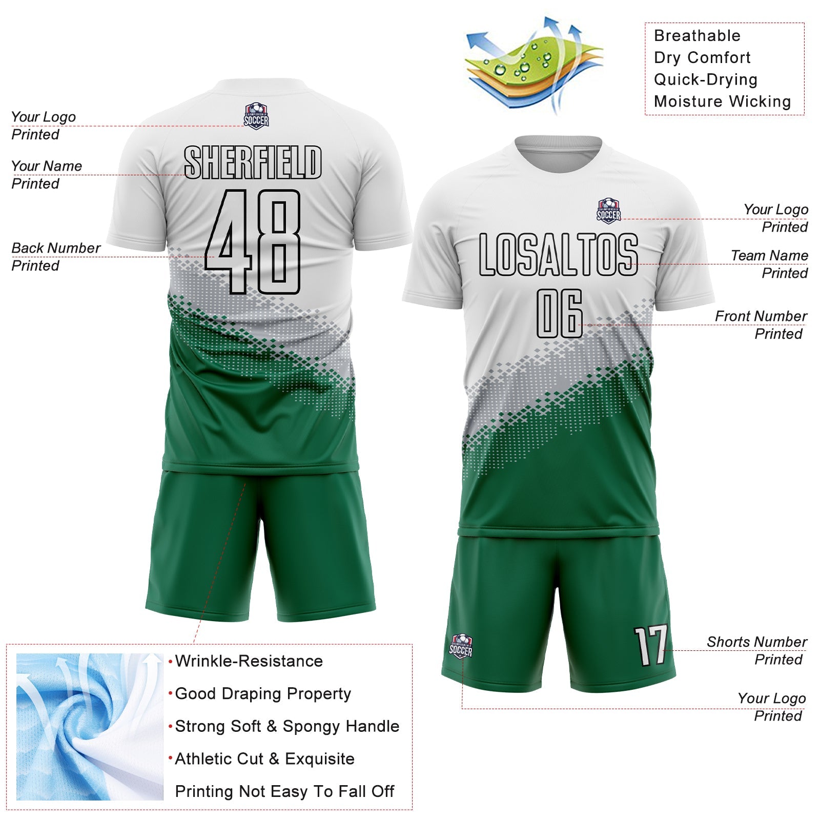 Custom White Gray Kelly Green-Black Gradient Geometric Shape Sublimation Soccer Uniform Jersey - Sky-Custom