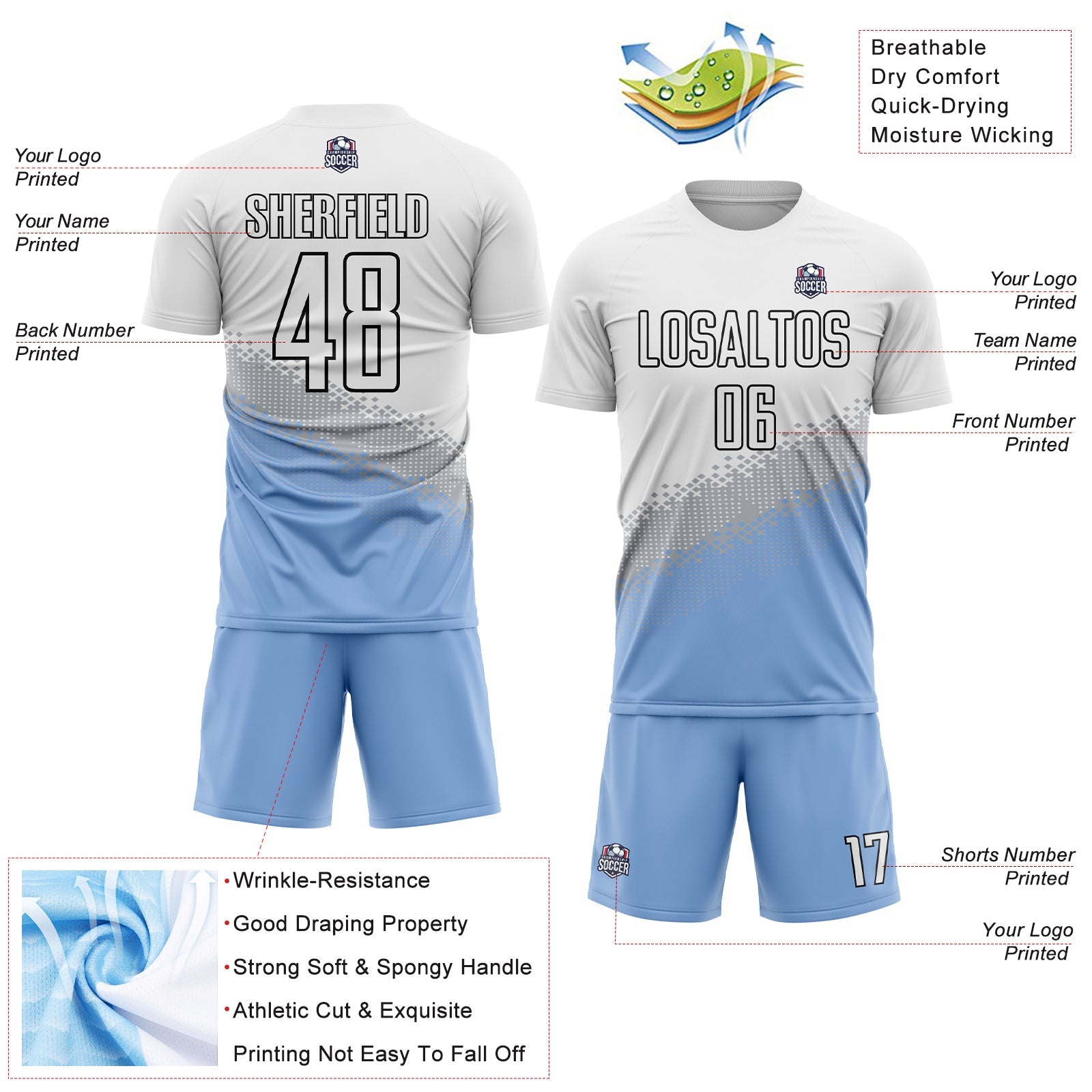 Custom White Gray Light Blue-Black Gradient Geometric Shape Sublimation Soccer Uniform Jersey - Sky-Custom