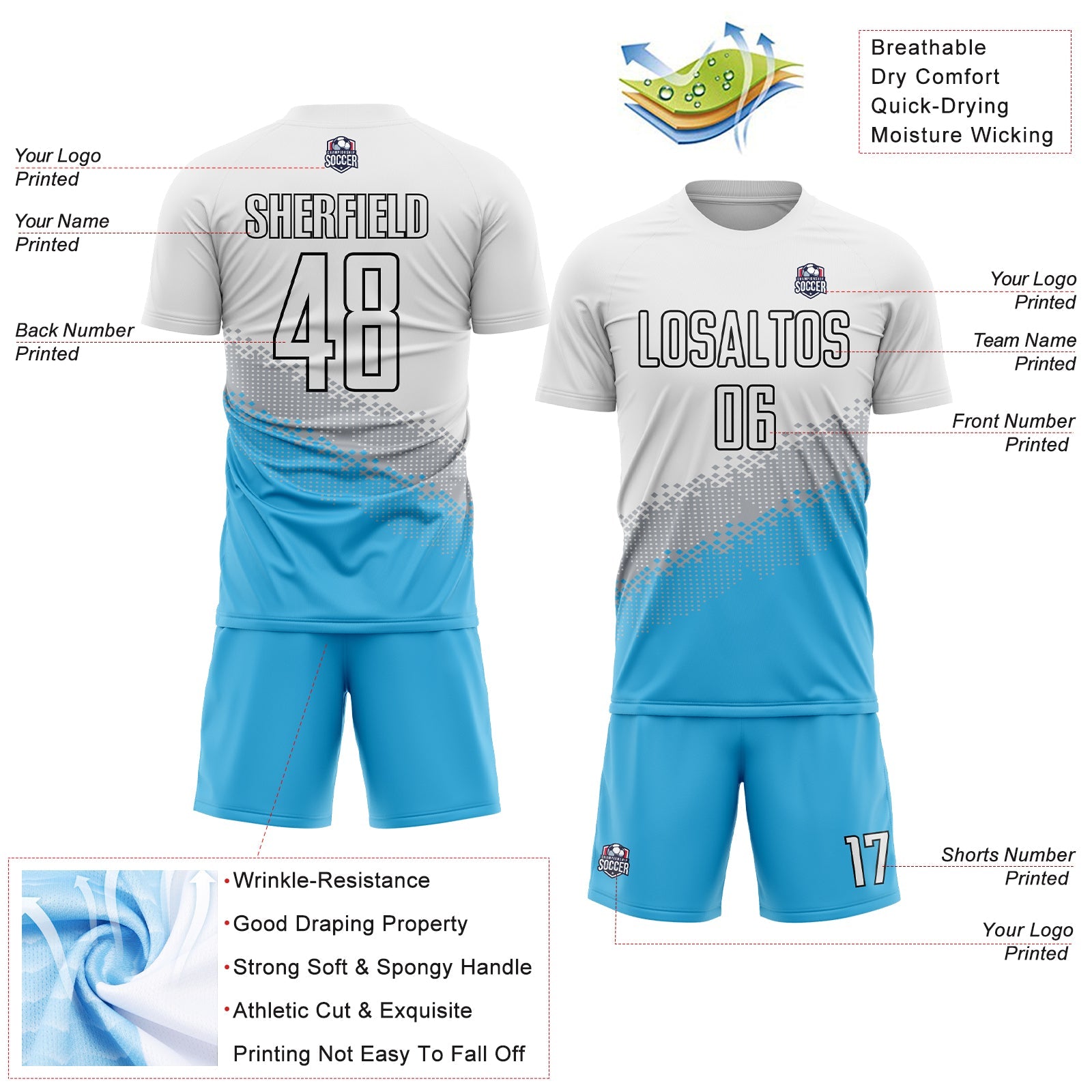 Custom White Gray Sky Blue-Black Gradient Geometric Shape Sublimation Soccer Uniform Jersey - Sky-Custom