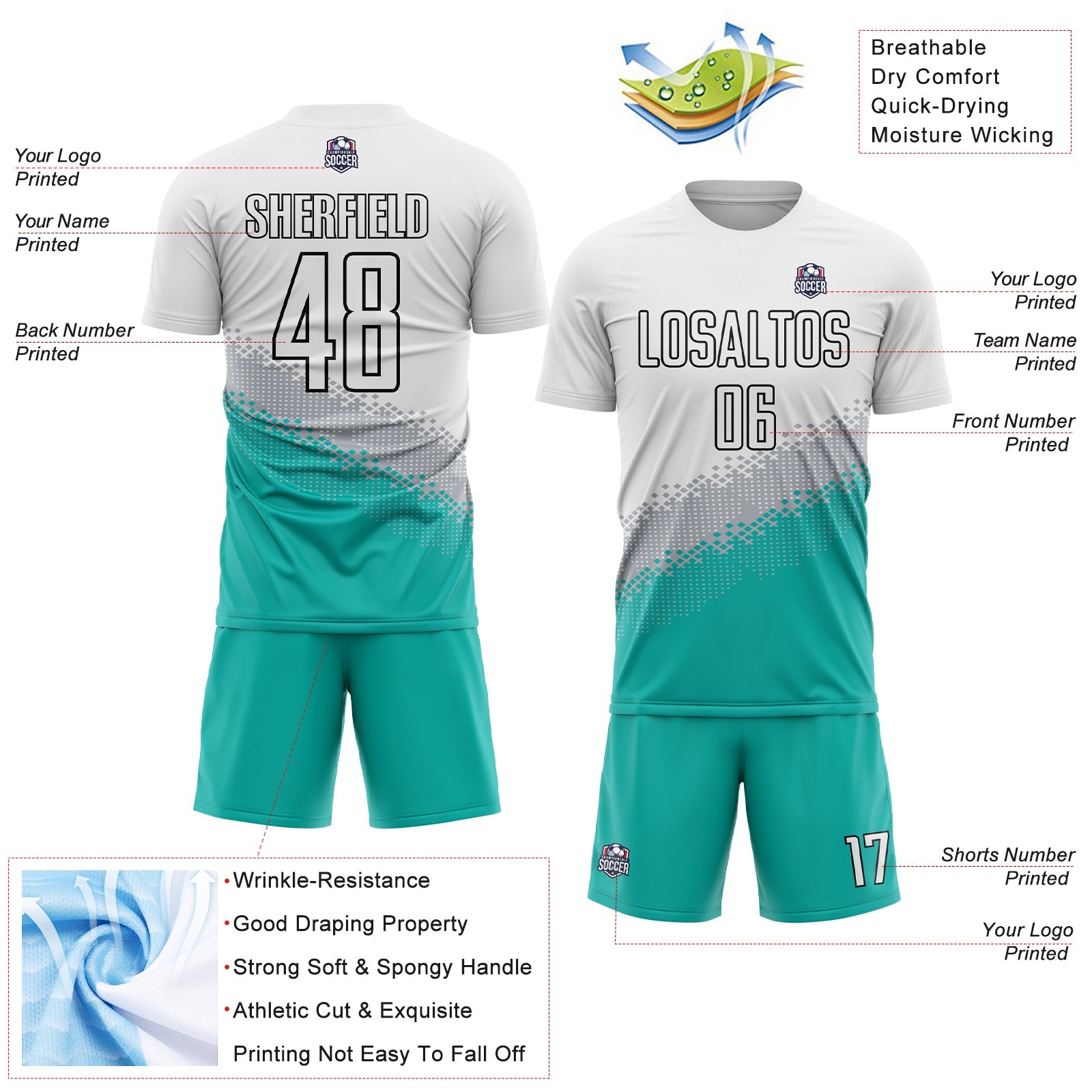 Custom White Gray Aqua-Black Gradient Geometric Shape Sublimation Soccer Uniform Jersey - Sky-Custom